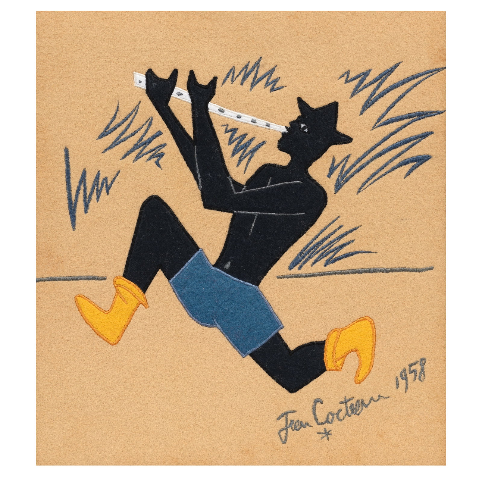 Jean Cocteau (French, 1889-1963) Tyrolien à la flûte Wool tapestry, 1953, with stitche...: Jean Cocteau (French, 1889-1963) Tyrolien à la flûte Wool tapestry, 1953, with stitched signature and date recto, the back of the frame numbered 1/20 in black ink, framed Overall 310 x 280mm