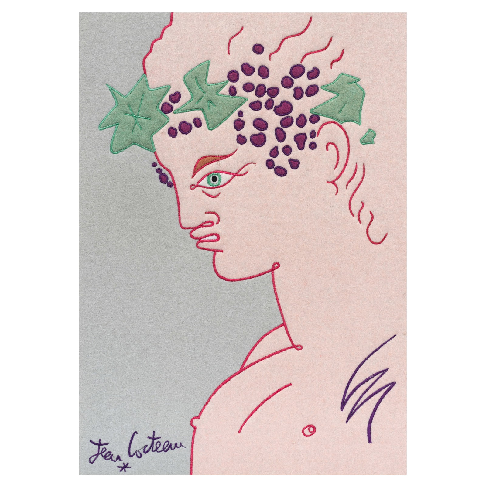 Jean Cocteau (French, 1889-1963) Bacchus Wool tapestry, with stitched signature recto, stitched-...: Jean Cocteau (French, 1889-1963) Bacchus Wool tapestry, with stitched signature recto, stitched-numbered 3/20 verso, framed Overall 480 x 340mm (19 7/8 x 13 3/8in) Footnotes: This work is accompanied 