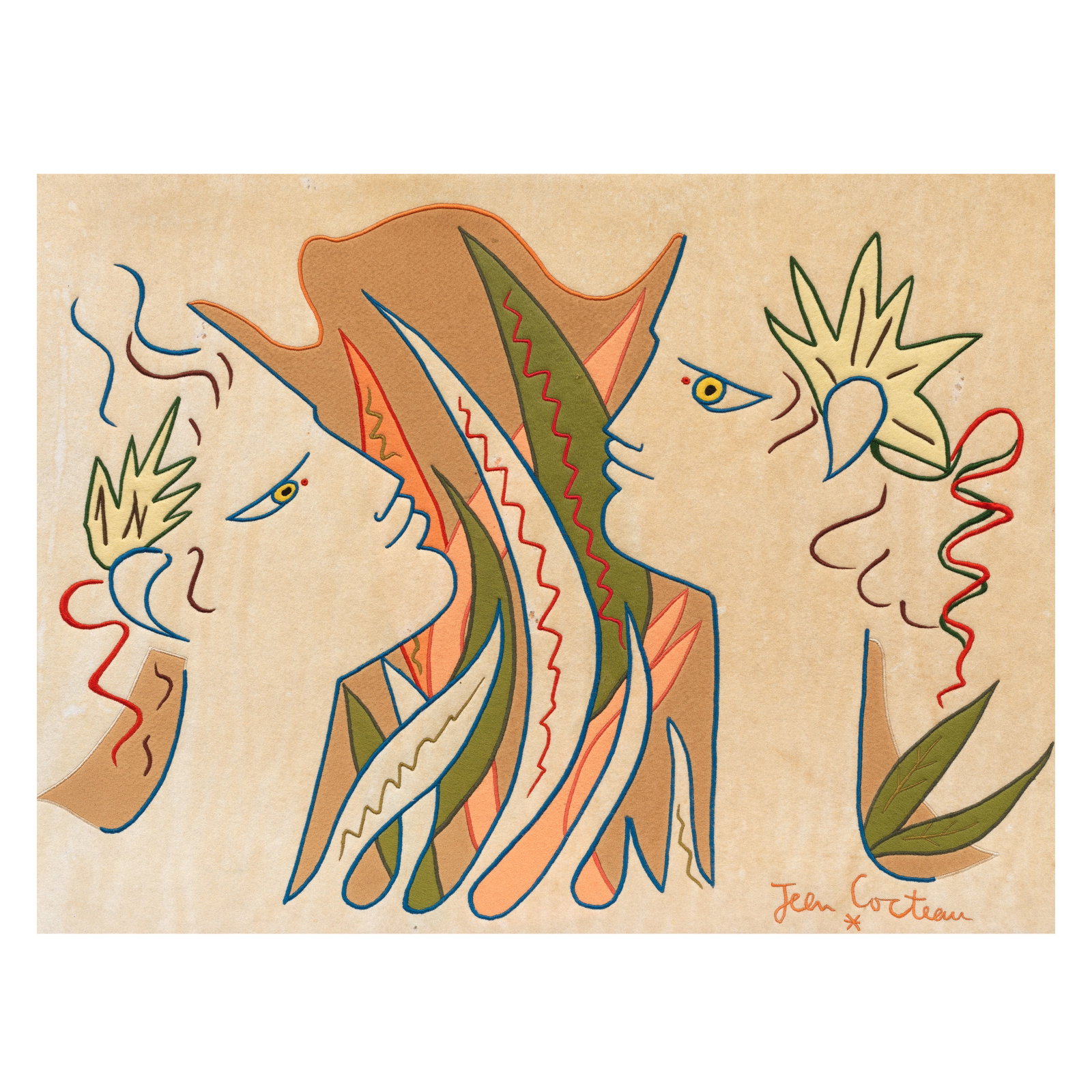 Jean Cocteau (French, 1889-1963) Dernier regard de l'Orphée Wool tapestry, with stitched si...: Jean Cocteau (French, 1889-1963) Dernier regard de l'Orphée Wool tapestry, with stitched signature and date recto, with stitched numbering '2/30' verso, framed Overall 580 x 760mm (23 x 29 7/8in)