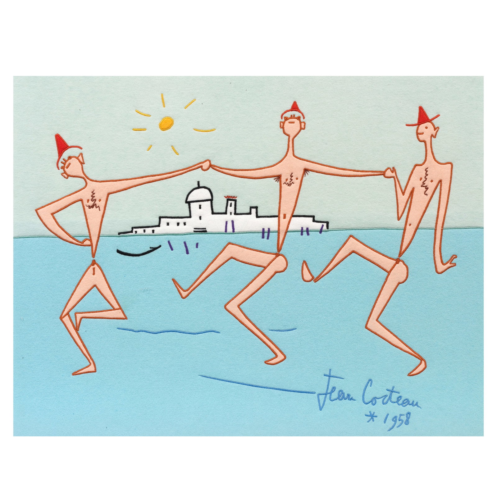 Jean Cocteau (French, 1889-1963) Danseurs de Venise Wool tapestry, 1958, with stitched signature...: Jean Cocteau (French, 1889-1963) Danseurs de Venise Wool tapestry, 1958, with stitched signature and date recto, with stitched numbering '3/25' verso, framed Overall 445 x 565mm (17 1/2 x 22 1/4in) Fo