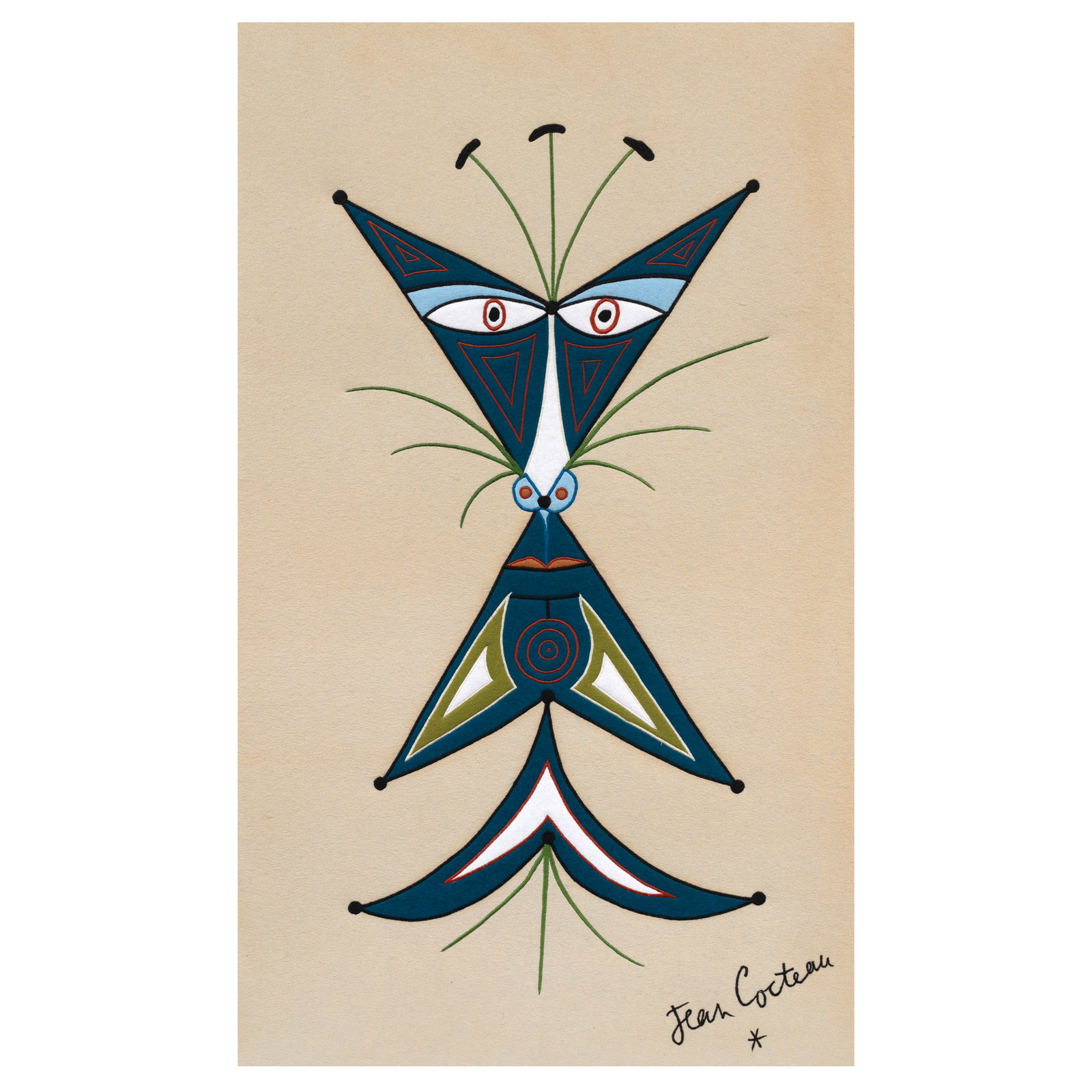 Jean Cocteau (French, 1889-1963) Le chat bleu Wool tapestry, with stitched signature recto, with...: Jean Cocteau (French, 1889-1963) Le chat bleu Wool tapestry, with stitched signature recto, with stitched numbering '5/30' verso, framed Overall 845 x 515mm (33 1/4 x 20 1/4in) Footnotes: This work is
