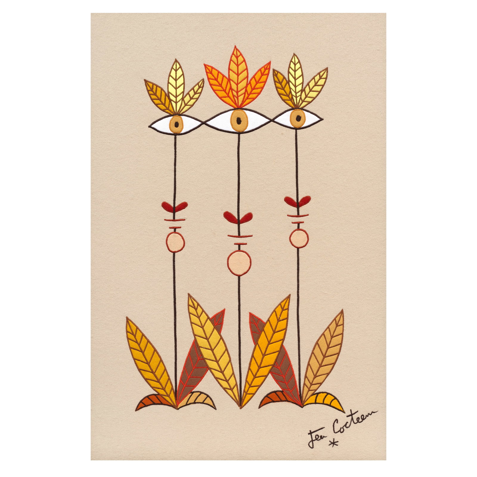 Jean Cocteau (French, 1889-1963) Les trois tiges Wool tapestry, with stitched signature recto, w... (1 of 1)