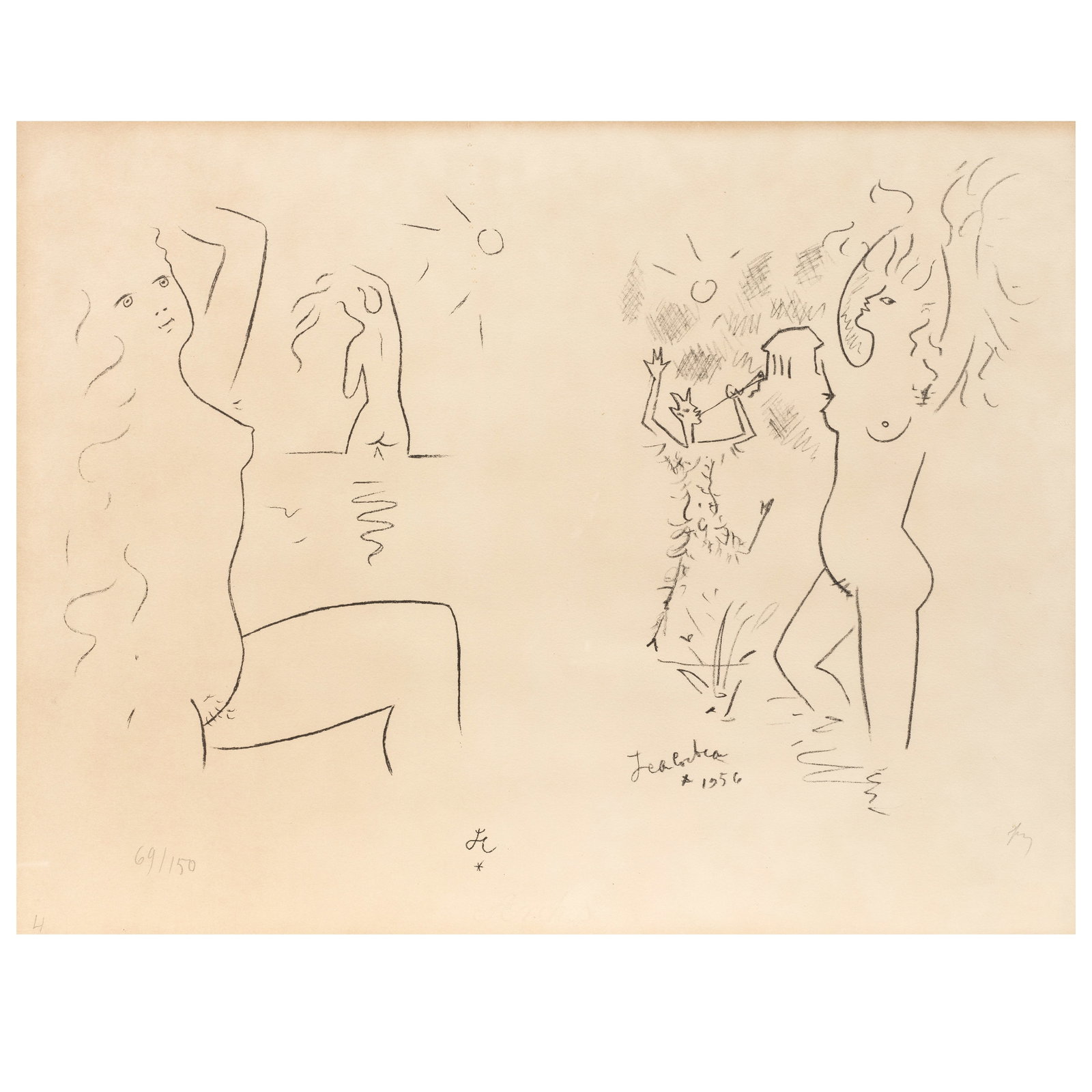Jean Cocteau (French, 1889-1963) Faun and nymphs at play Lithograph, 1956, on Arches wove paper,...: Jean Cocteau (French, 1889-1963) Faun and nymphs at play Lithograph, 1956, on Arches wove paper, numbered 69/150 in pencil (there were also ten artist's proofs), framed Sheet 500 x 650mm (19 5/8 x 25 
