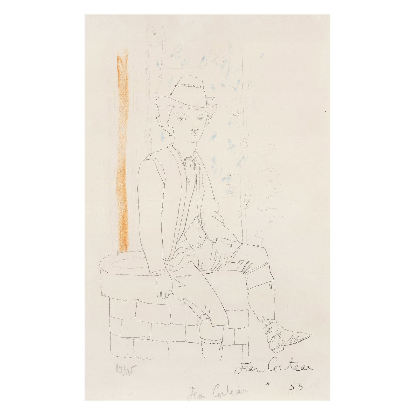 Jean Cocteau (French, 1889-1963) Jeune homme au puits Lithograph in colours, 1953, on wove paper...: Jean Cocteau (French, 1889-1963) Jeune homme au puits Lithograph in colours, 1953, on wove paper, signed, dated and numbered 13/175 in pencil, framed Image 440 x 270mm (17 3/8 x 10 5/8in) This lot is 