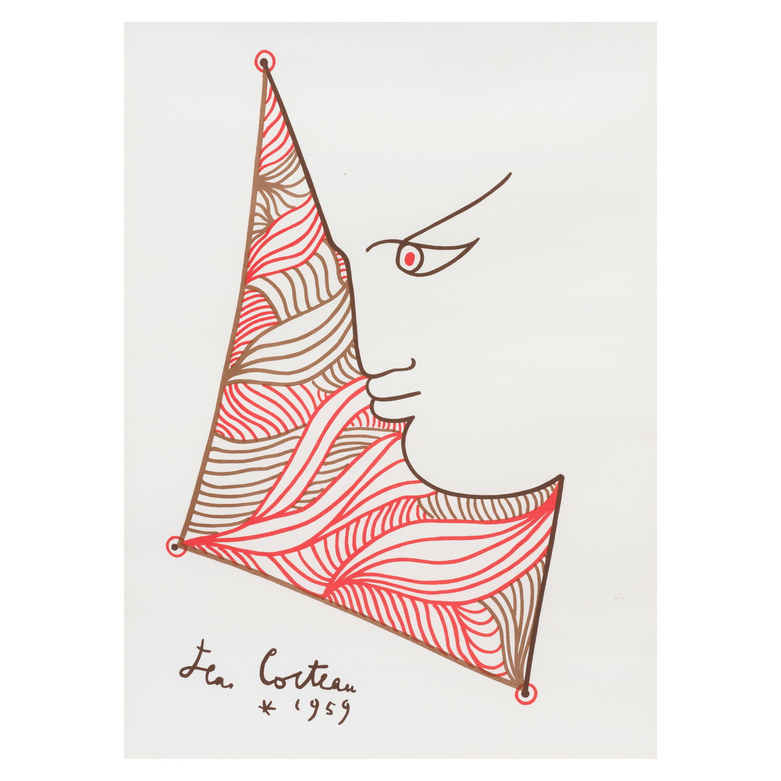 Jean Cocteau (French, 1889-1963) Profile in red and brown Lithograph in colours, 1959, on wove p...: Jean Cocteau (French, 1889-1963) Profile in red and brown Lithograph in colours, 1959, on wove paper, numbered 118/200 in pencil, with the artist's ink stamp, framed Sheet 550 x 380mm (21 5/8 x 15in) 