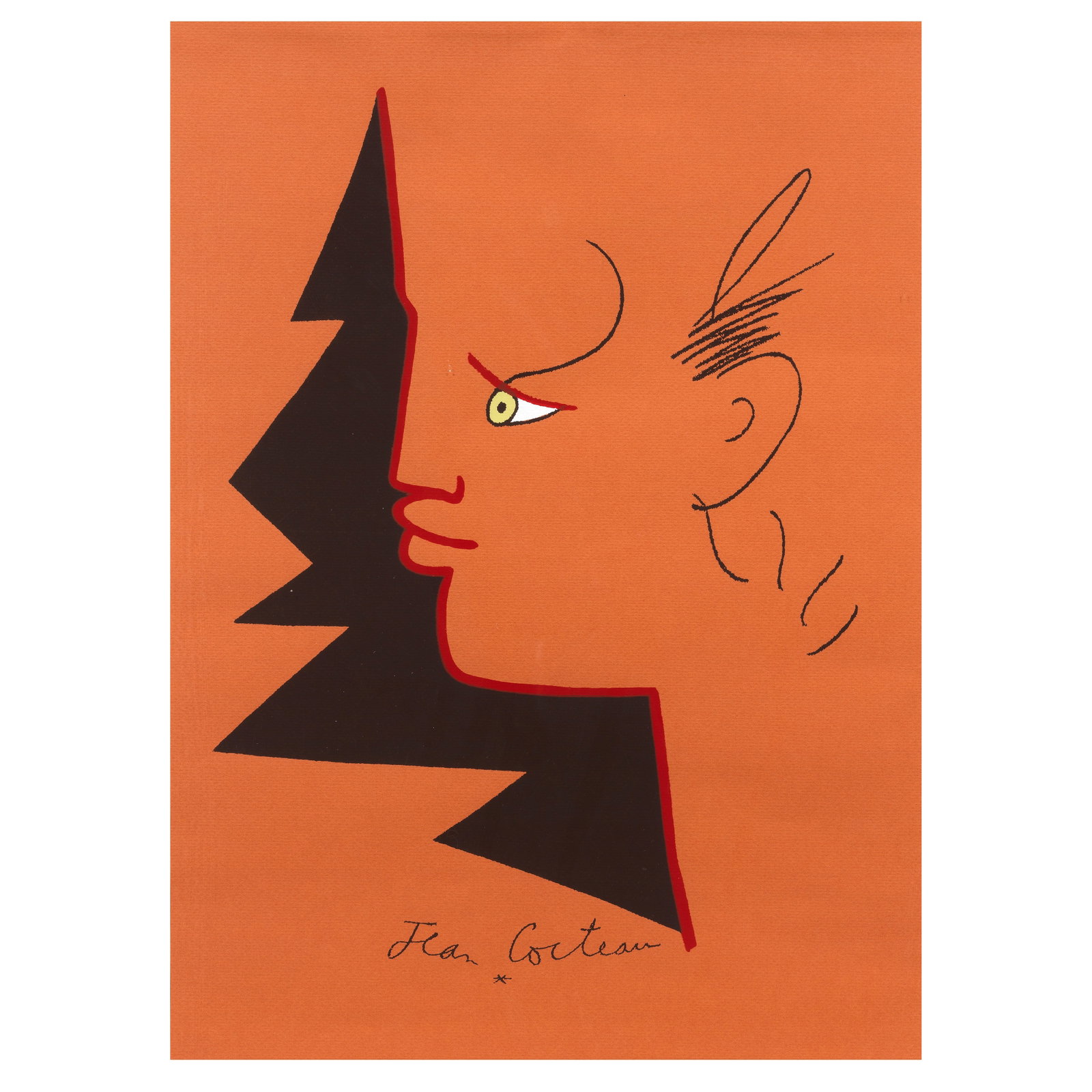 Jean Cocteau (French, 1889-1963) Profil marron Lithograph in colours, circa 1961, on wove paper,...: Jean Cocteau (French, 1889-1963) Profil marron Lithograph in colours, circa 1961, on wove paper, numbered 57/175 in pencil, with the artist's ink stamp, the full sheet, framed Sheet 497 x 344mm (19 1/