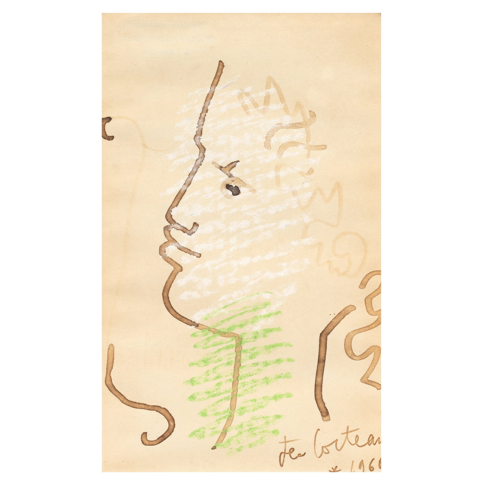 Jean Cocteau (French, 1889-1963) Head Ink and crayon drawing, 1960, on wove paper, signed and da...: Jean Cocteau (French, 1889-1963) Head Ink and crayon drawing, 1960, on wove paper, signed and dated in ink, the full sheet, framed Sheet 209 x 134mm (8 1/4 x 5 1/4in) This lot is subject to the follow