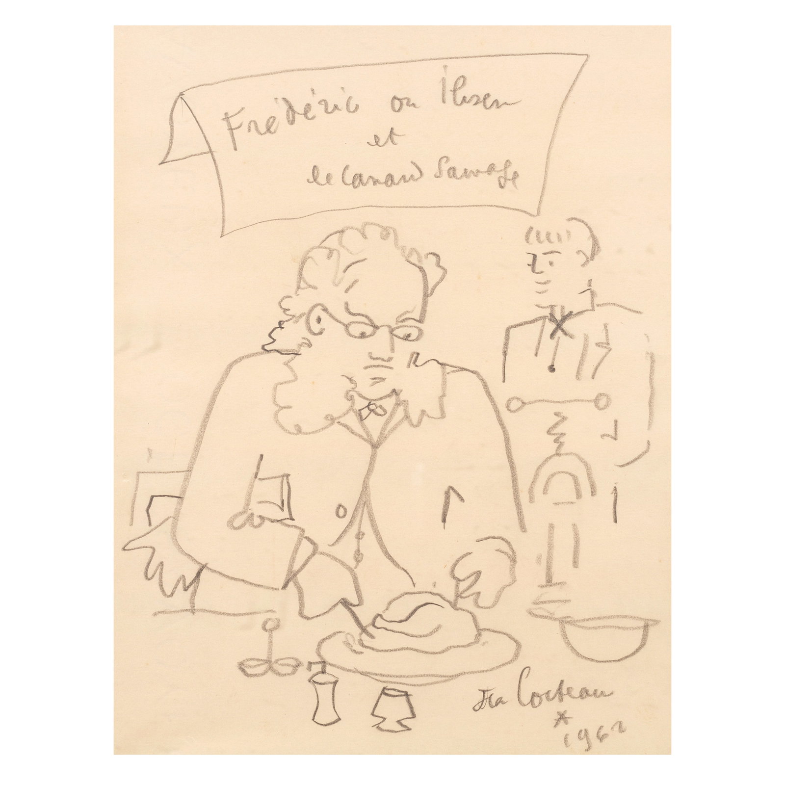 Jean Cocteau (French, 1889-1963) Frederic ou Ibsen et le Canard Sauvage Graphite drawing, 1962, ... (1 of 1)