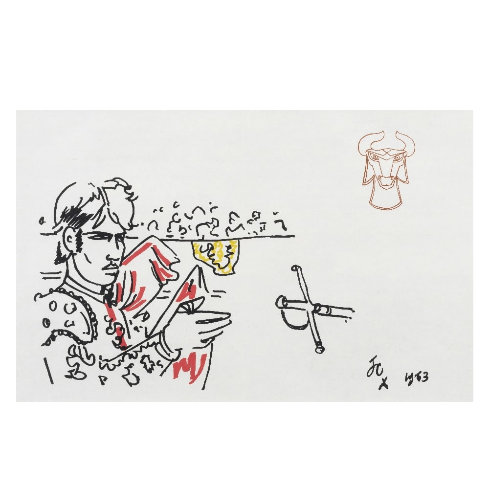 Jean Cocteau (French, 1889-1963) Thirteen Plates, from Taureaux Thirteen lithographs in colours,...: Jean Cocteau (French, 1889-1963) Thirteen Plates, from Taureaux Thirteen lithographs in colours, 1963, on simili Japon paper, from the edition of 200, printed by Mourlot, published by Michele Trinckve