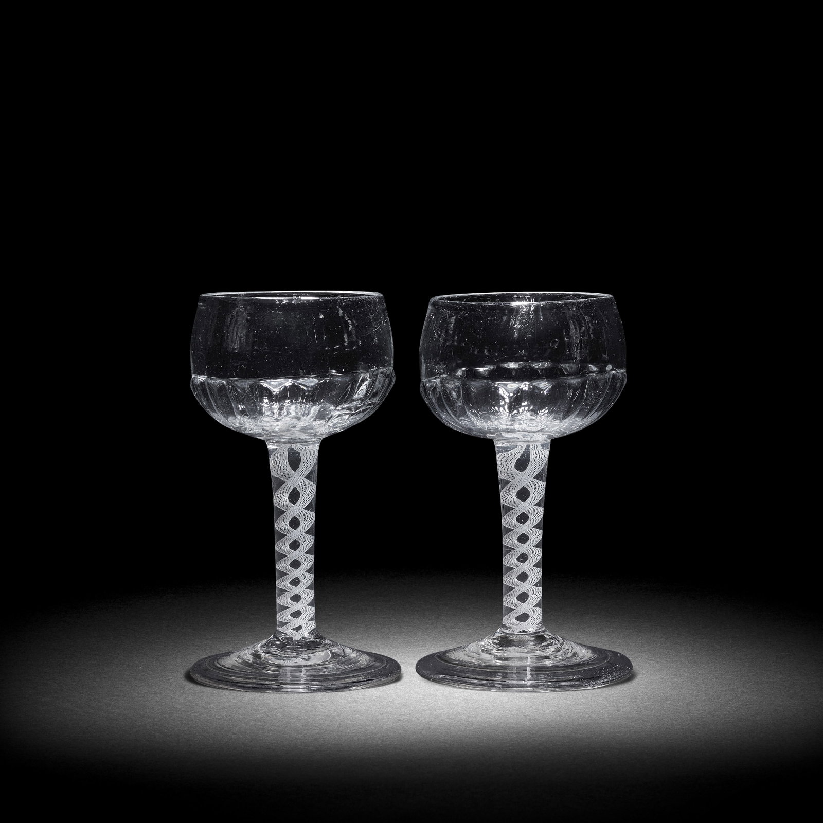 A fine and rare pair of opaque twist mead or champagne glasses, circa 1760 (1 of 1)