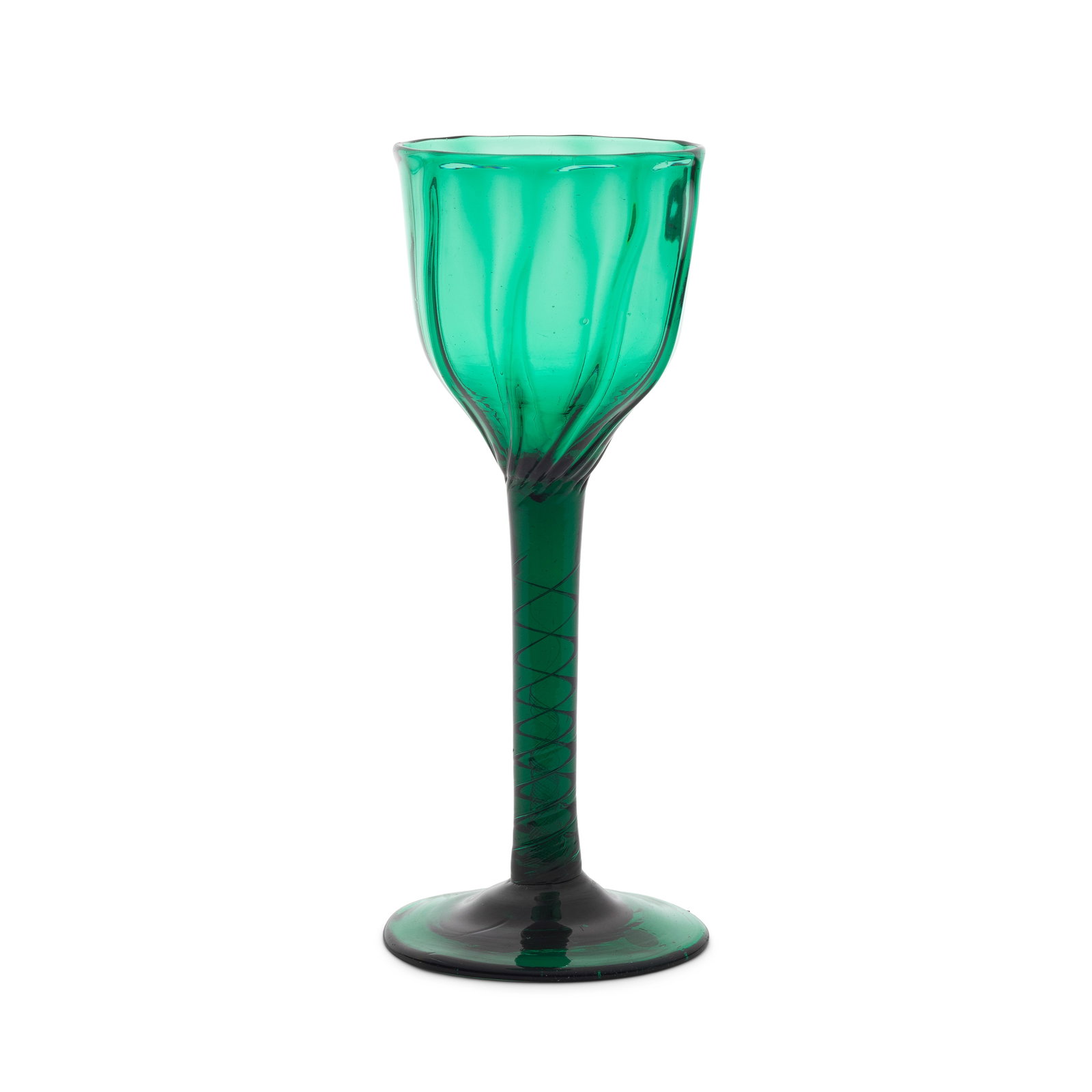 A fine emerald-green tinted airtwist large wine glass, circa 1750-60: A fine emerald-green tinted airtwist large wine glass, circa 1750-60 In deep green glass, the generous rib-moulded ogee bowl on a double-series stem enclosing a pair of air threads outside a central a