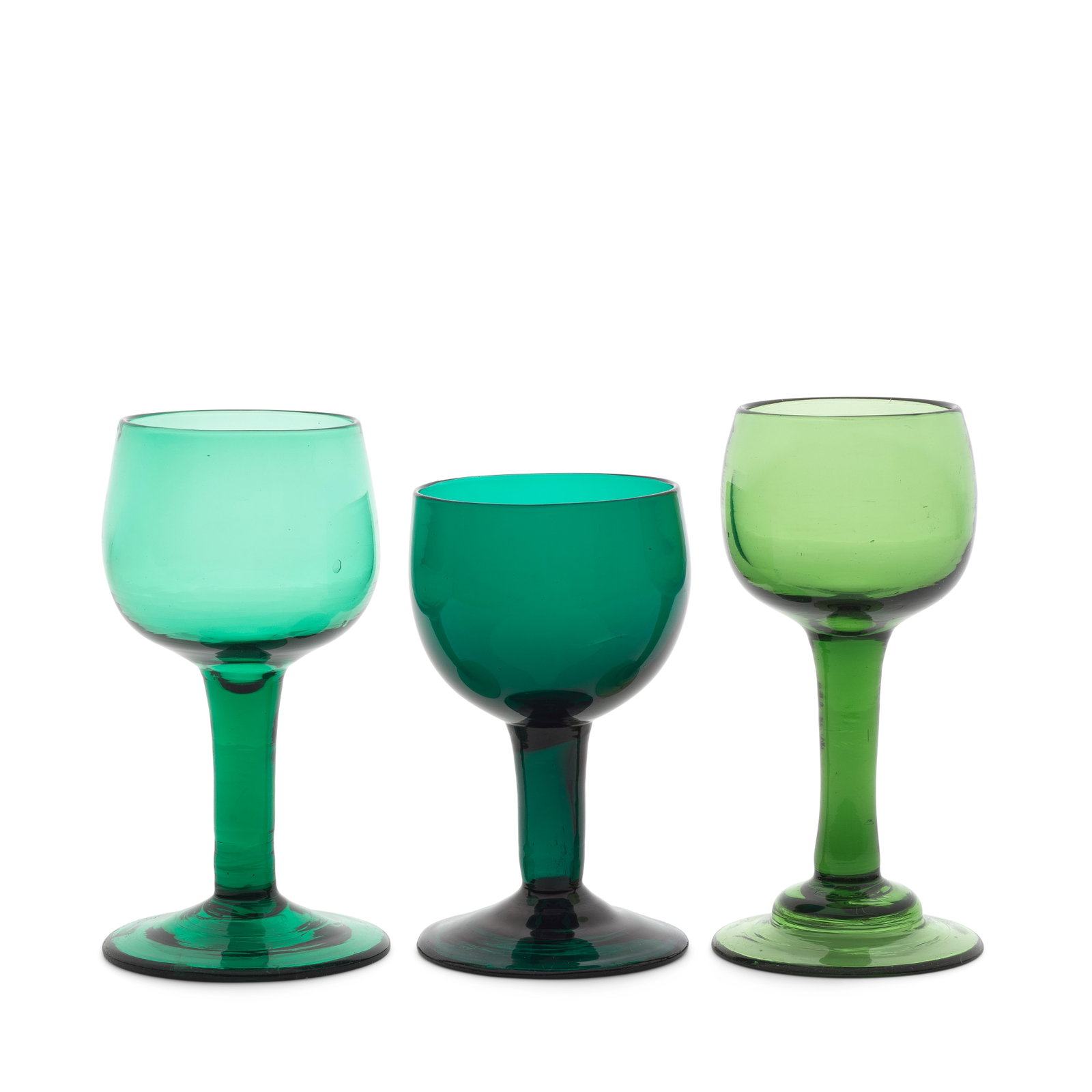 Three attractive green tinted wine glasses, circa 1750-60 (1 of 1)
