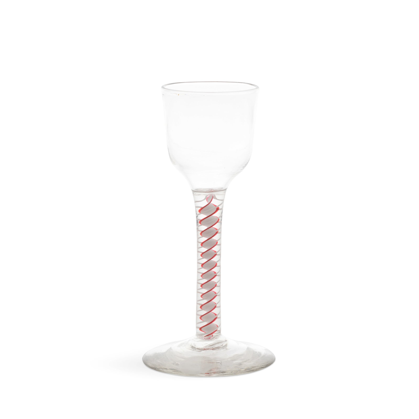 A fine red colour twist wine glass, circa 1765: A fine red colour twist wine glass, circa 1765 The ogee bowl on a well-formed stem containing a pair of opaque white spiral threads outside a solid corkscrew edged on both sides in translucent ruby-re