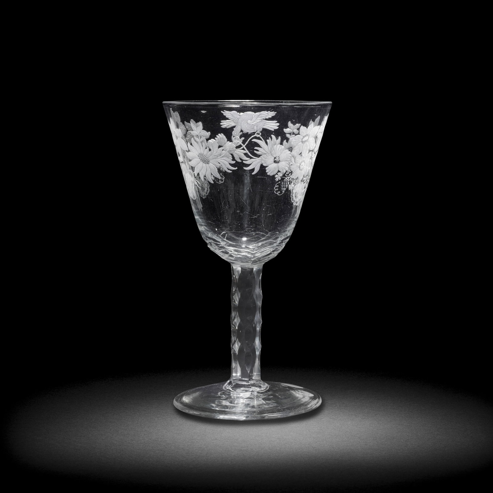 A fine and large engraved facet stem goblet of possible Jacobite significance, circa 1765-70 (1 of 1)