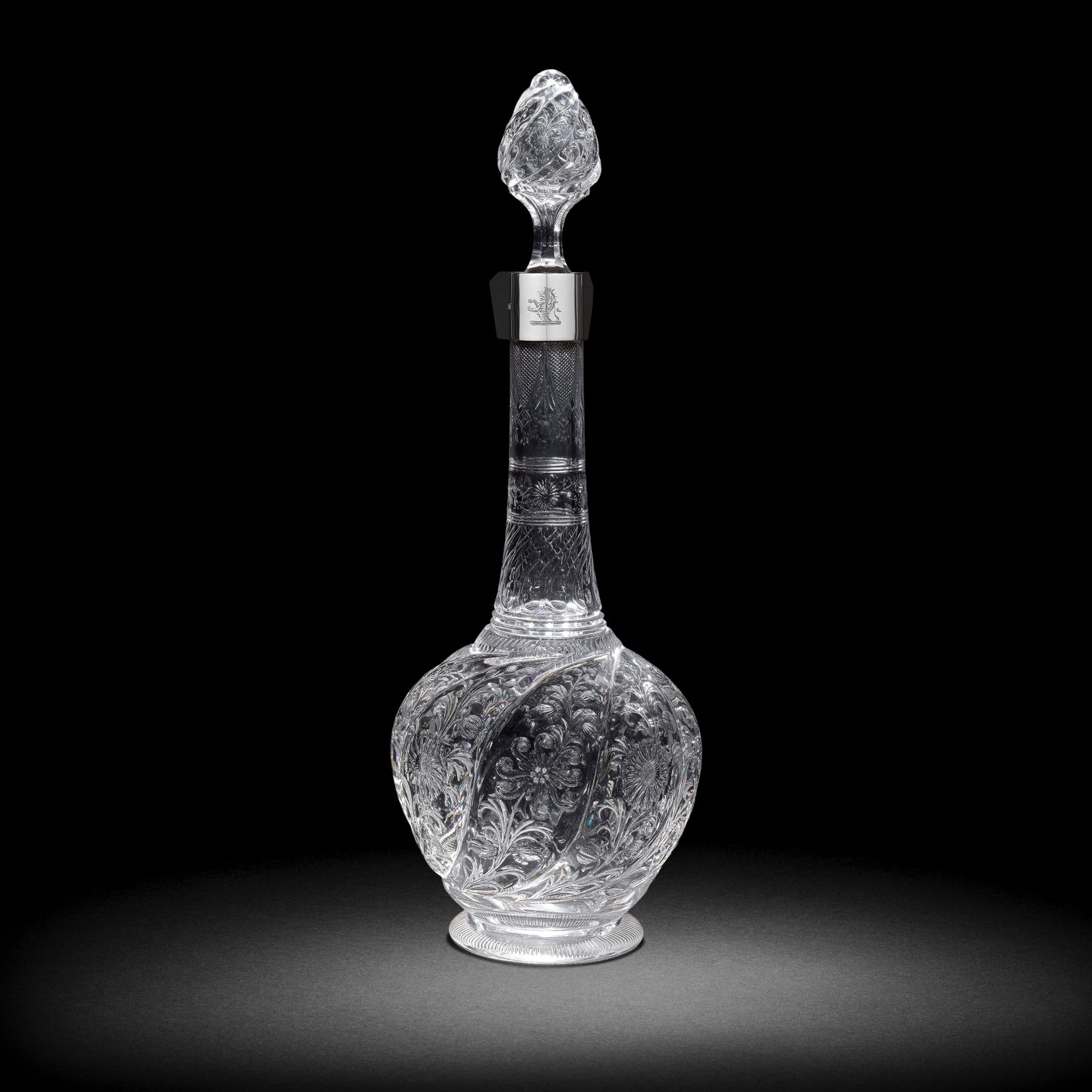 A rare silver-mounted engraved 'rock crystal' decanter and stopper attributed to John Ford and C... (1 of 1)