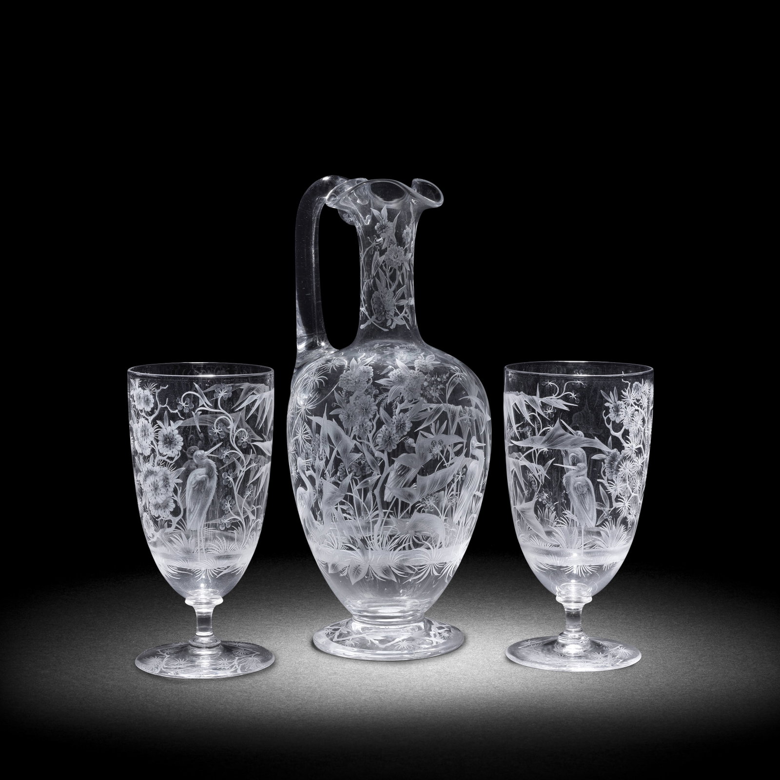 A fine Stourbridge engraved ewer and a pair of goblets attributed to Joseph Keller, circa 1880 (1 of 1)
