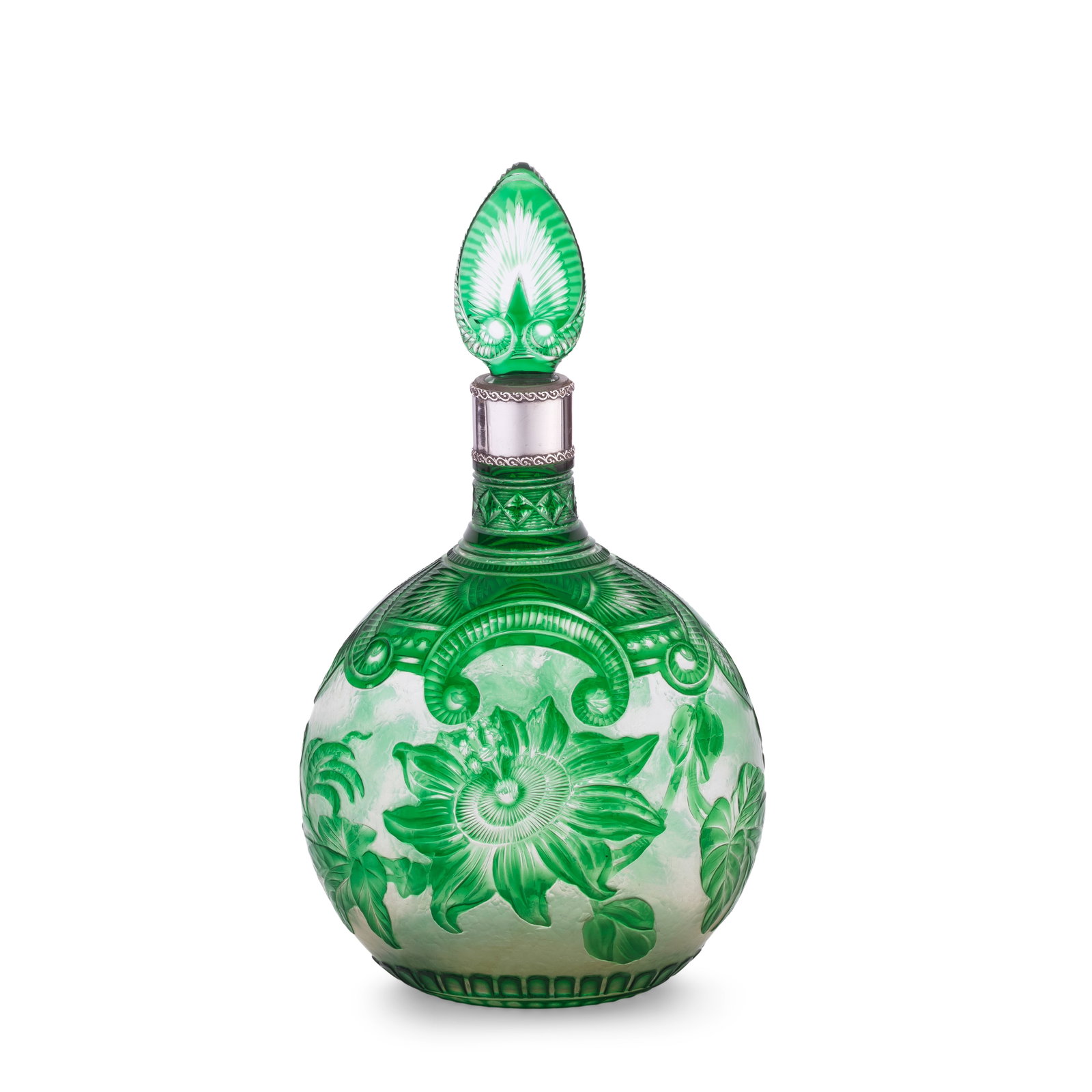 A Stevens and Williams 'Transparent Cameo' decanter and stopper by Joshua Hodgetts, circa 1897: A Stevens and Williams 'Transparent Cameo' decanter and stopper by Joshua Hodgetts, circa 1897 Of flattened ovoid form with a cylindrical neck, overlaid in emerald-green glass, finely carved through t
