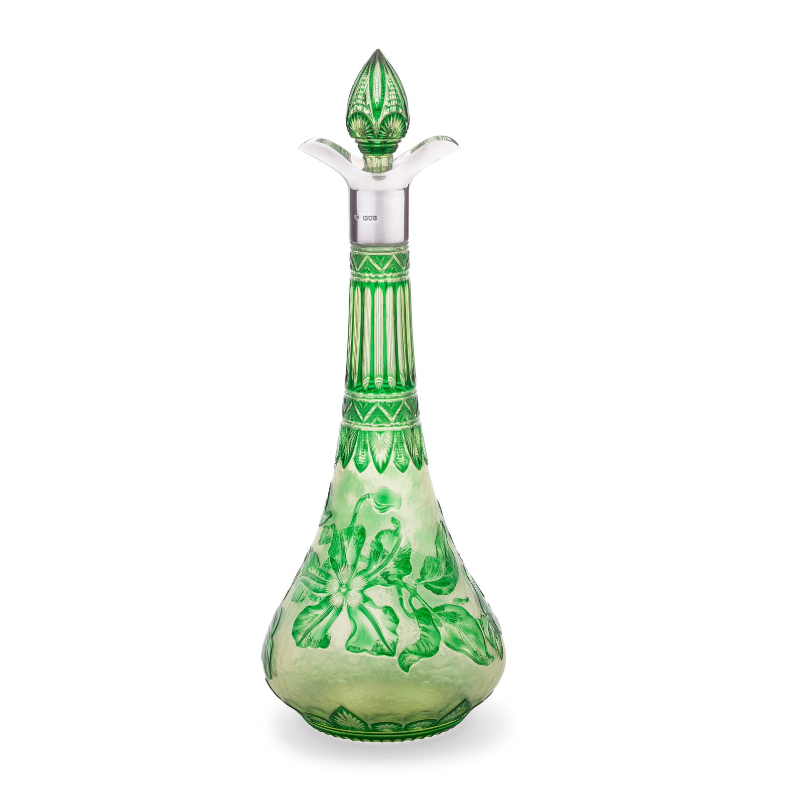 A rare Stevens and Williams silver mounted 'Transparent Cameo' decanter and stopper by Joshua Ho...: A rare Stevens and Williams silver mounted 'Transparent Cameo' decanter and stopper by Joshua Hodgetts, dated 1898 Of spreading pear shape with a tall slender neck, overlaid in emerald-green glass, fi