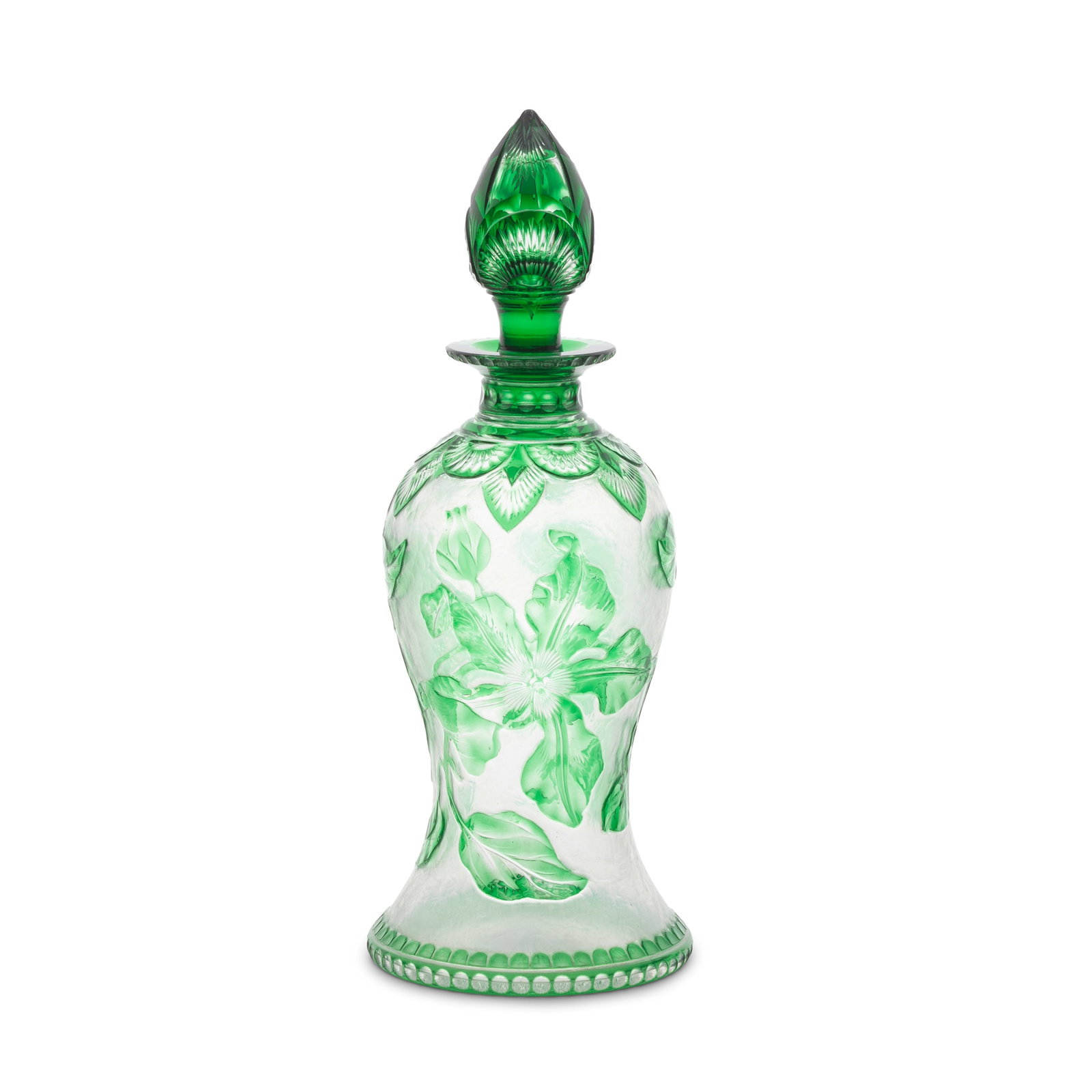 A fine Stevens and Williams 'Transparent Cameo' decanter and stopper by Joshua Hodgetts, circa 1897: A fine Stevens and Williams 'Transparent Cameo' decanter and stopper by Joshua Hodgetts, circa 1897 Of baluster or bell shape with a spreading foot, overlaid in emerald-green, finely carved through to
