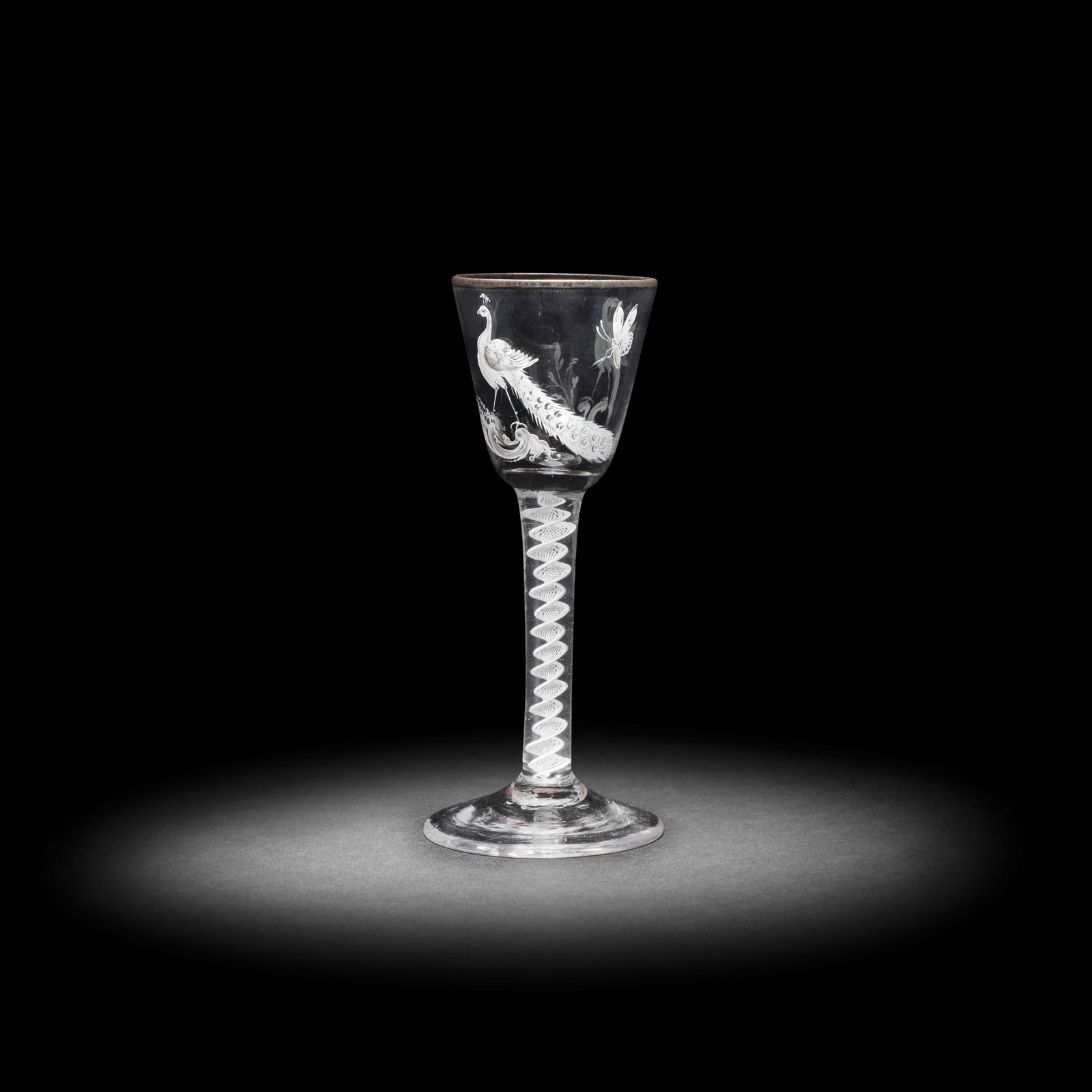 A fine and rare Beilby enamelled opaque twist wine glass with peafowl, circa 1765 (1 of 1)