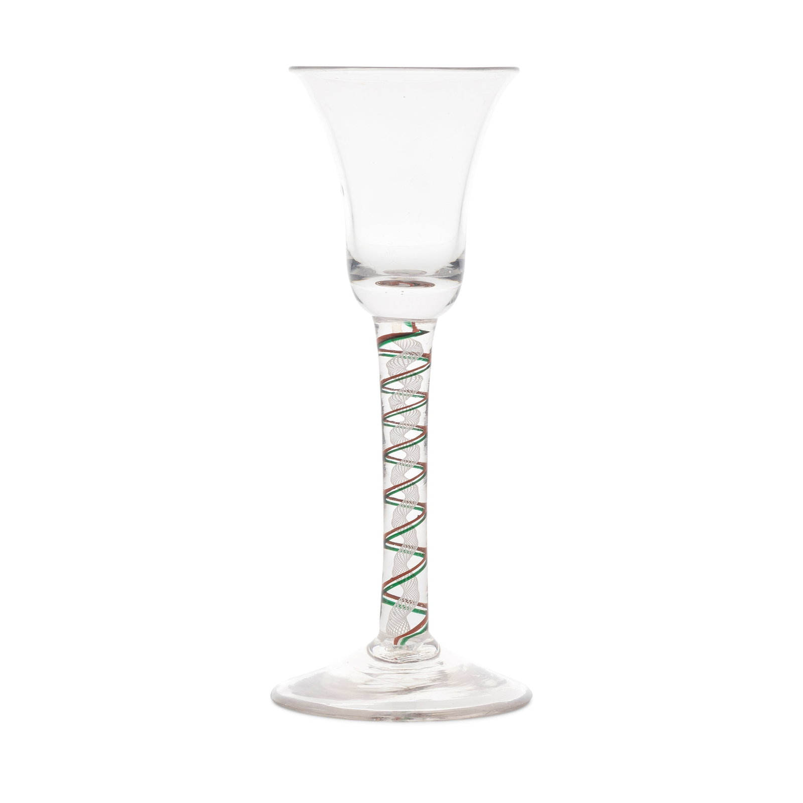 A red and green colour twist wine glass, circa 1765: A red and green colour twist wine glass, circa 1765 The small and slightly waisted bell bowl with a solid base, on a tall stem containing two spiral threads in opaque iron-red and translucent emerald-