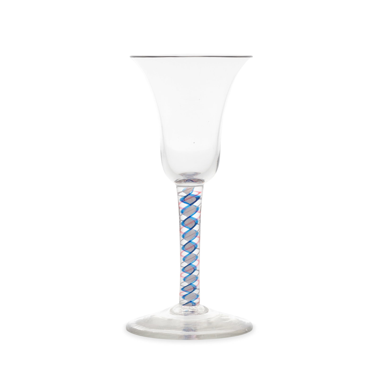 A red and blue colour twist wine glass, circa 1765: A red and blue colour twist wine glass, circa 1765 The bell bowl on a stem containing an opaque white multi-ply corkscrew edged on both sides in translucent cobalt-blue, alternating with two threads, 