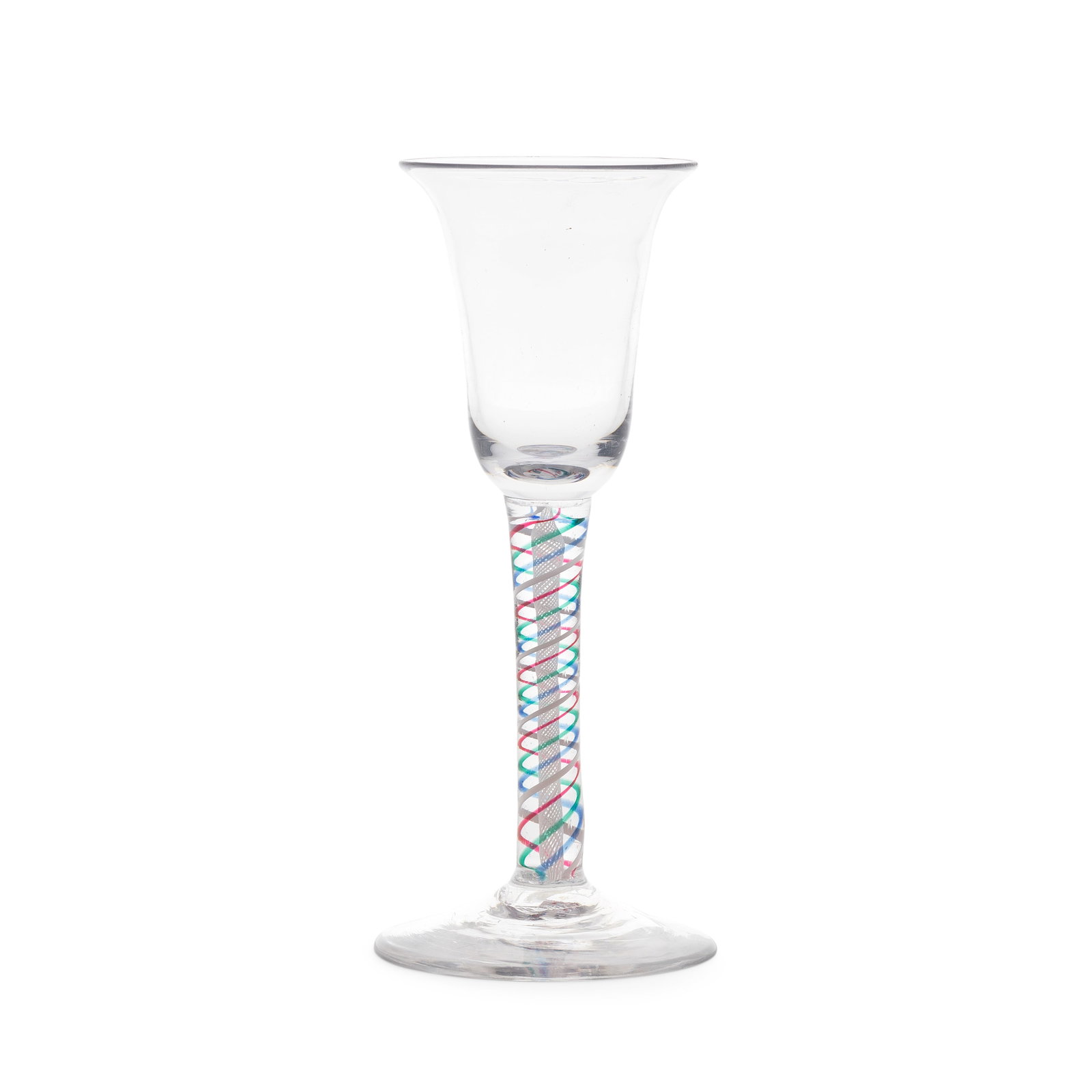 An unusual tartan colour twist wine glass, circa 1765: An unusual tartan colour twist wine glass, circa 1765 The bell bowl with a solid base, on a stem containing four spiral threads in translucent red, green, blue and opaque white, outside a vertical gau