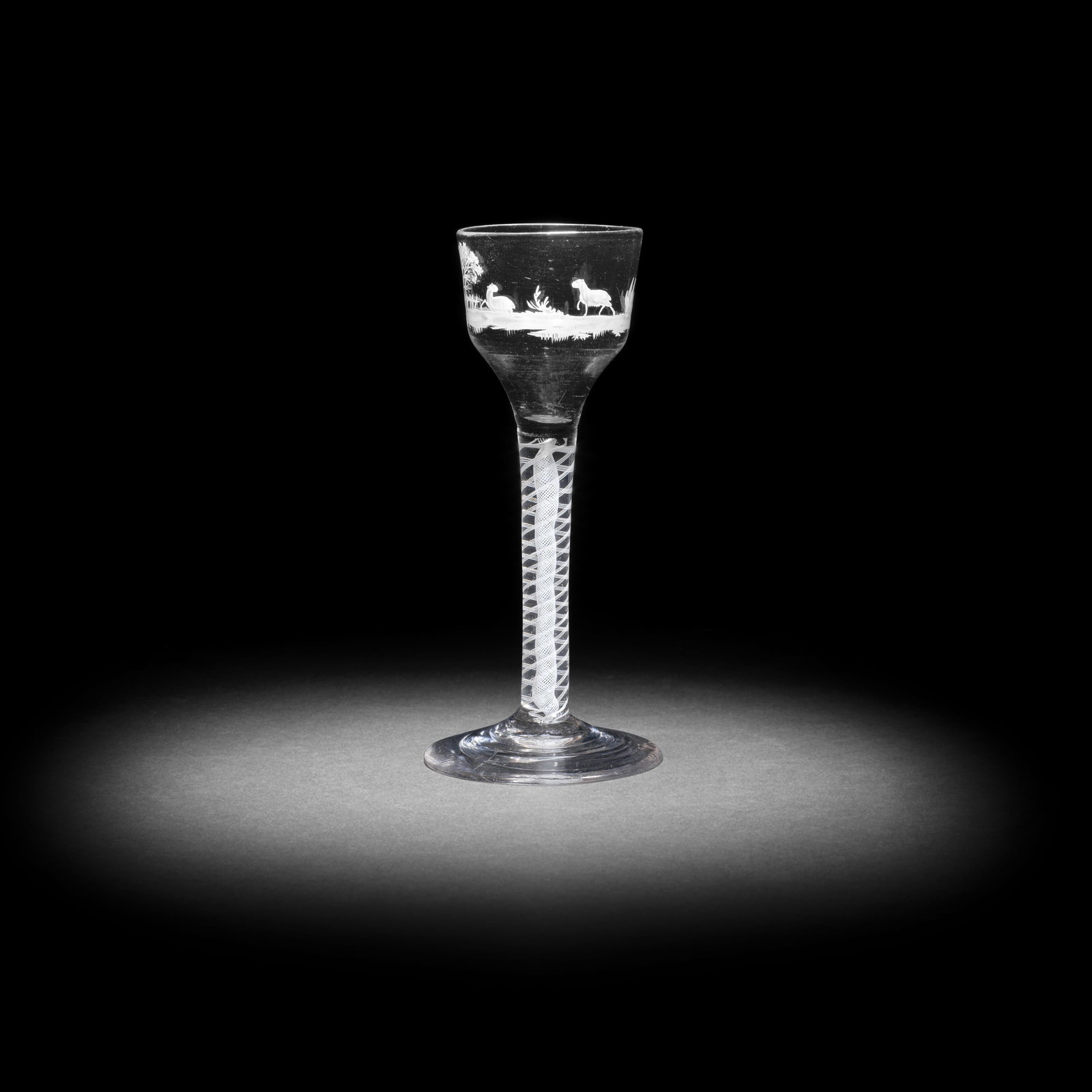 A rare Beilby enamelled opaque twist wine glass with a pastoral scene, circa 1765 (1 of 1)
