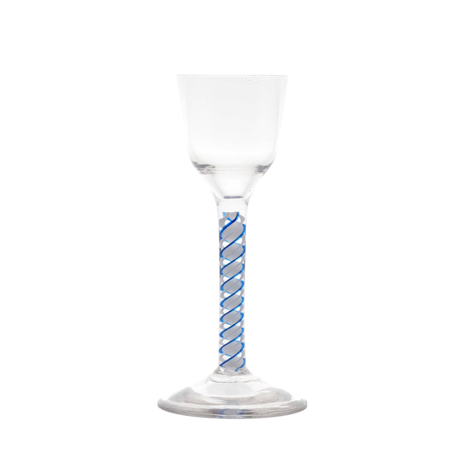 A fine blue colour twist wine glass, circa 1765: A fine blue colour twist wine glass, circa 1765 The ogee bowl on a stem containing a solid opaque white corkscrew edged on both sides in translucent cobalt-blue, alternating with a pair of opaque whit