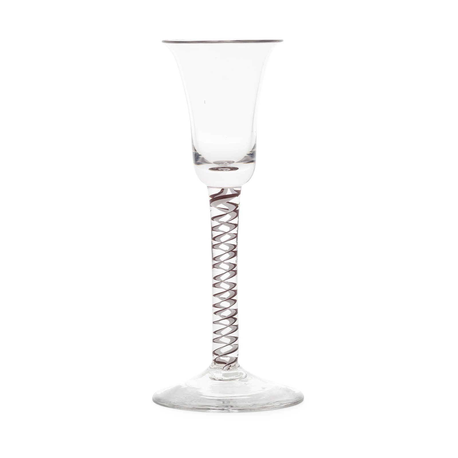 A brown colour twist wine glass, circa 1765: A brown colour twist wine glass, circa 1765 The slender bell bowl with a solid base, on a stem containing a pair of opaque white corkscrews edged on one side in opaque brown, over a conical foot, 16.7