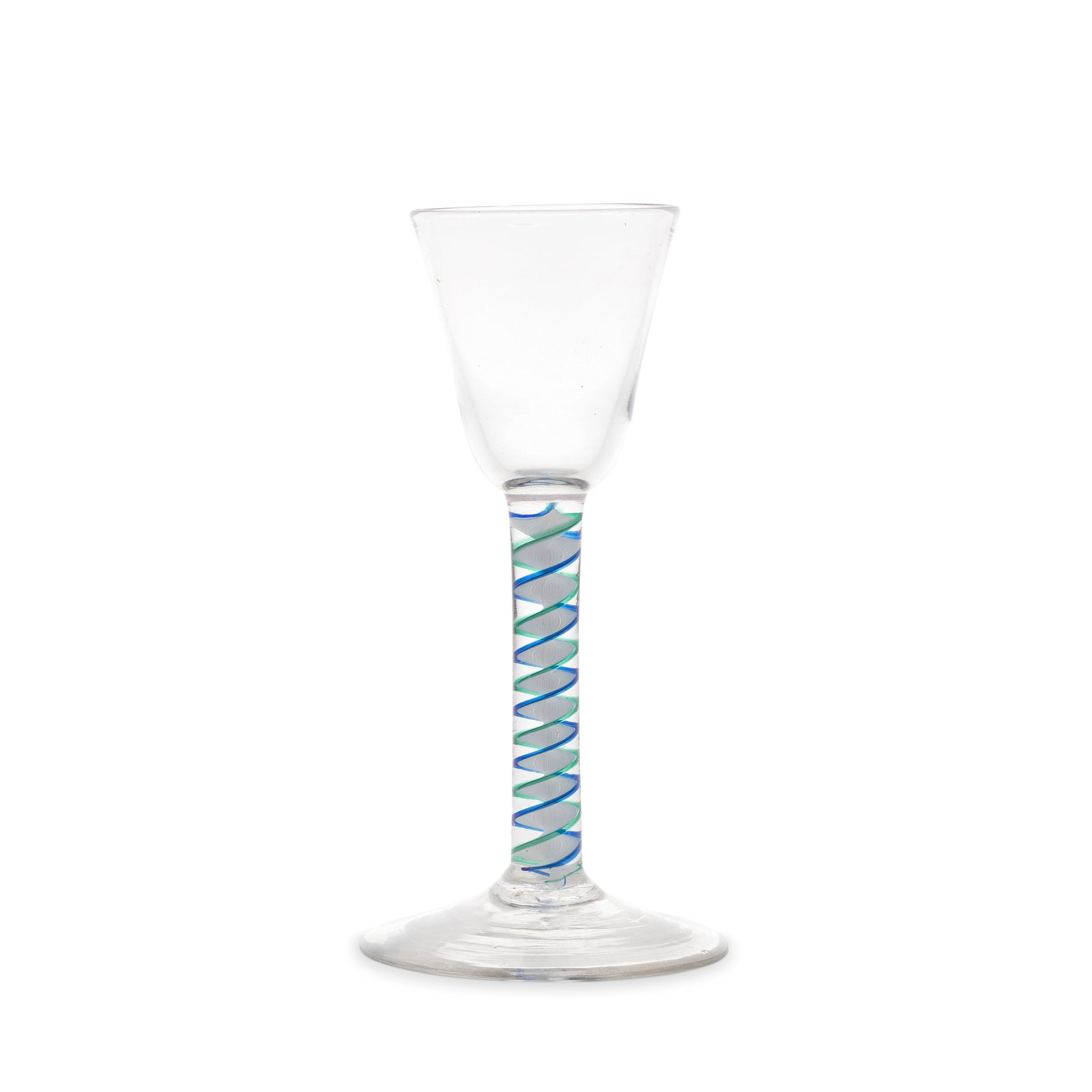 A fine and rare blue and green colour twist wine glass, circa 1765: A fine and rare blue and green colour twist wine glass, circa 1765 The round funnel bowl on a stem containing an opaque white multi-ply corkscrew edged in translucent cobalt-blue on one side and trans