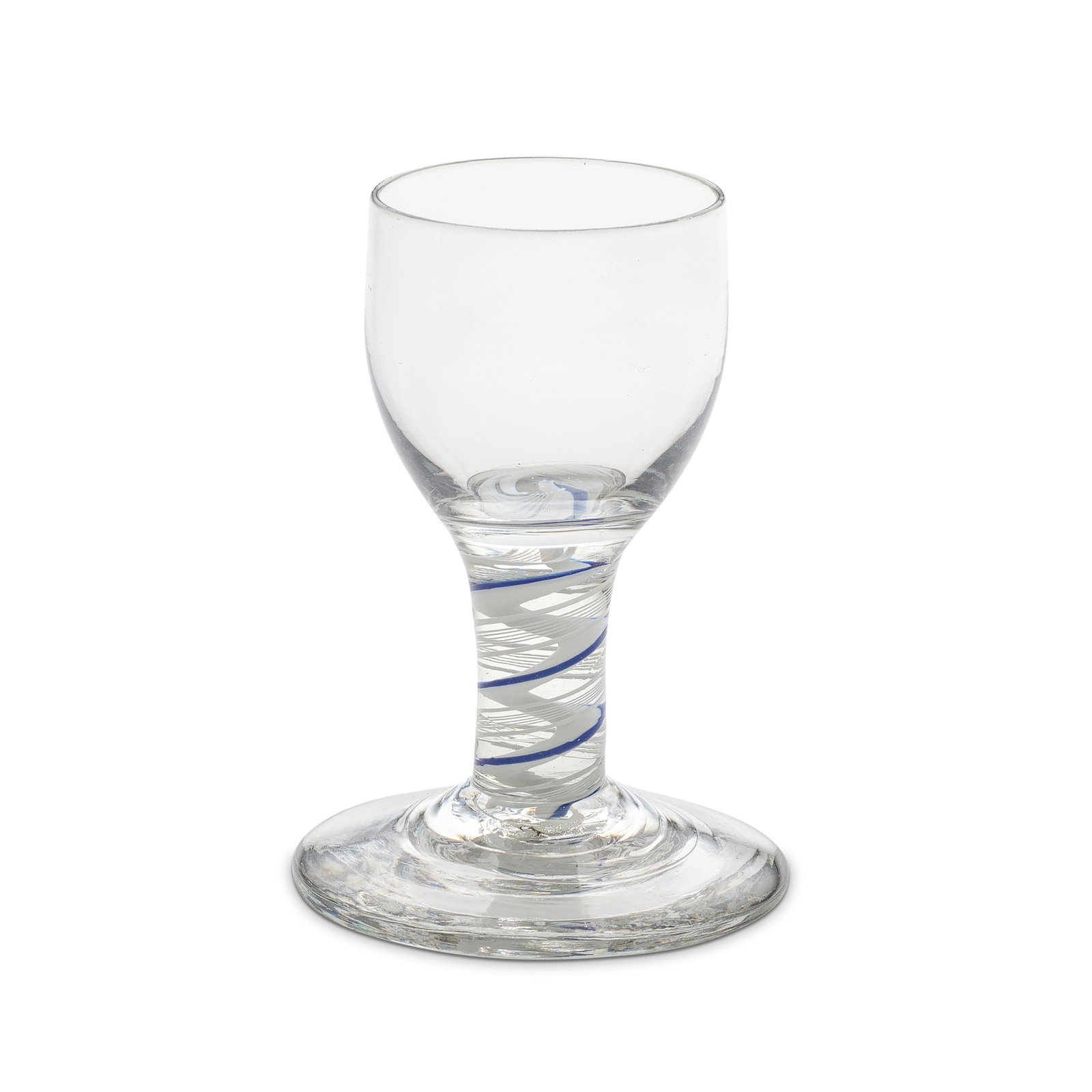 A rare blue colour twist firing or dram glass, circa 1770: A rare blue colour twist firing or dram glass, circa 1770 The ovoid bowl set on a stem with an unusual opaque white solid tubular corkscrew edged in translucent blue, alternating with a seven-ply spir