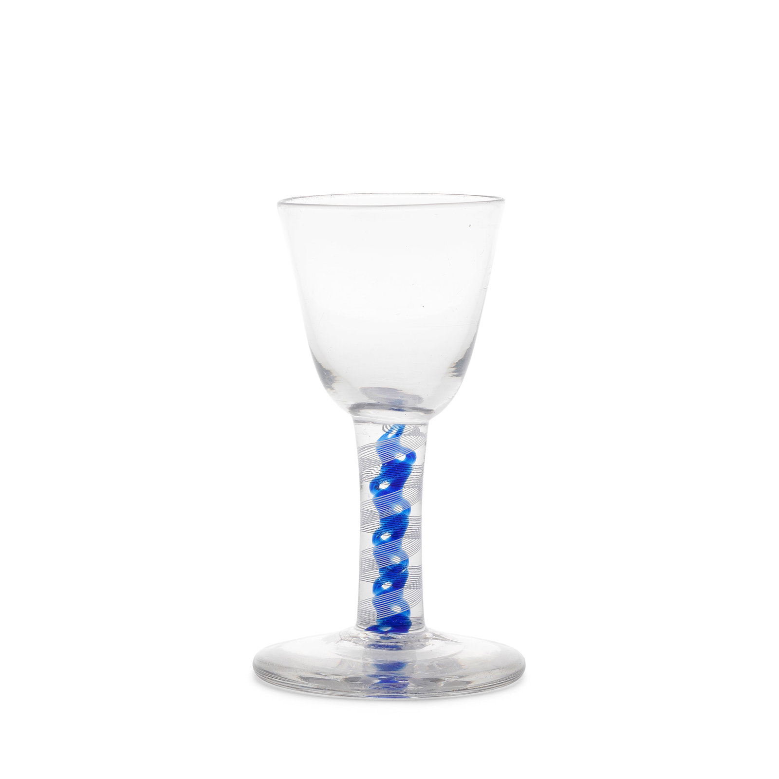 A rare blue colour twist firing glass, circa 1765: A rare blue colour twist firing glass, circa 1765 The round funnel bowl on a stem containing a pair of entwined translucent cobalt-blue spiral threads, one thick and one thin, within a twelve-ply opaq