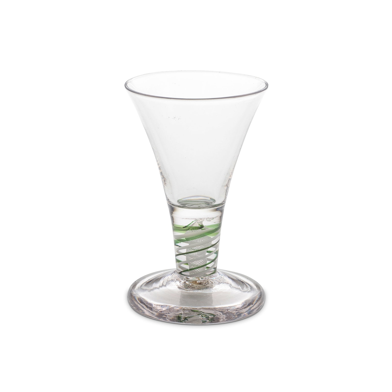 A good green colour twist firing glass, circa 1765: A good green colour twist firing glass, circa 1765 The drawn trumpet bowl on a short stem containing a vertical gauze encircled by a pair of heavy opaque white spiral threads, alternating with a pair 