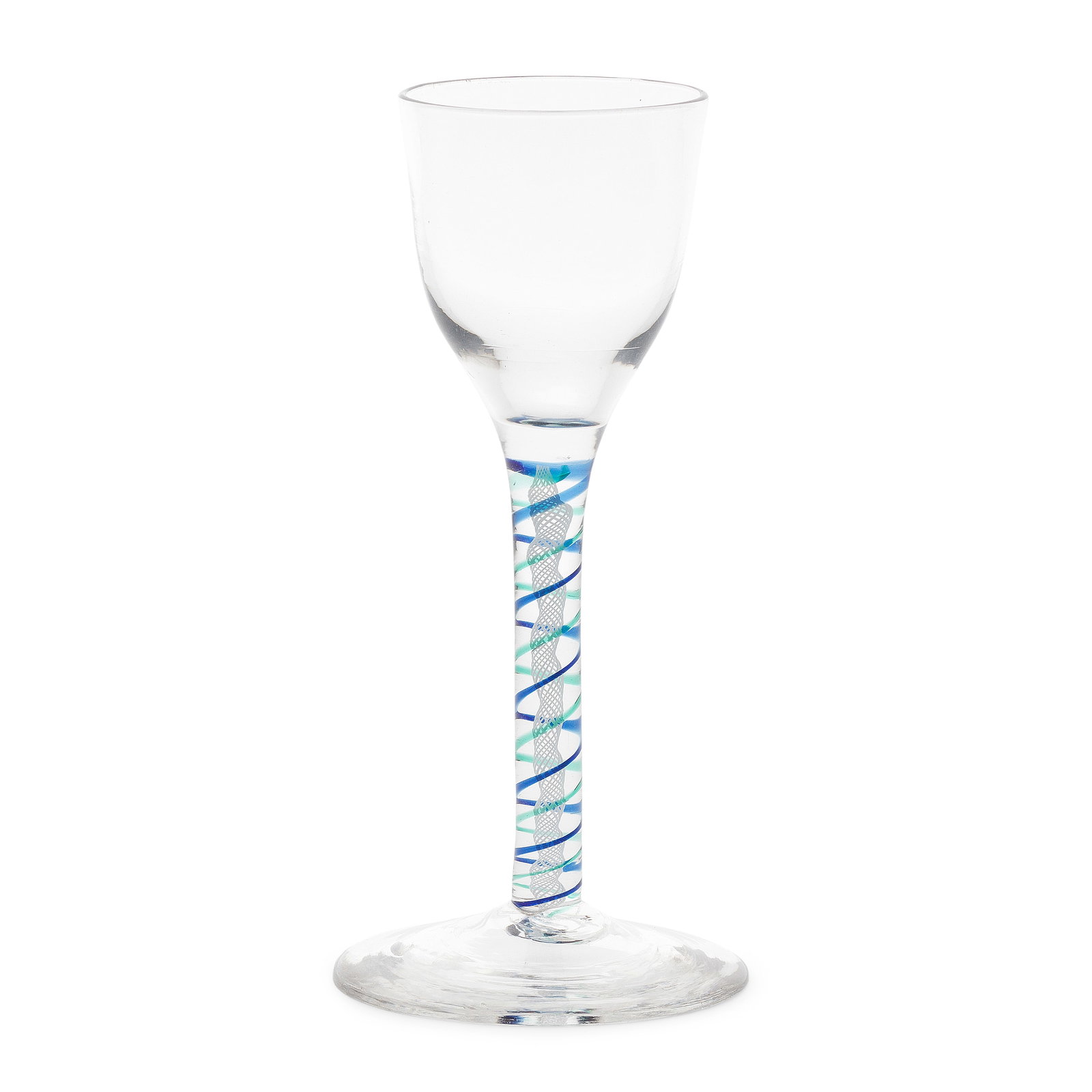 A good blue and green colour twist wine glass, circa 1765: A good blue and green colour twist wine glass, circa 1765 The ogee bowl on a stem containing an opaque white undulating vertical gauze within a pair of translucent spiral threads, one in cobalt-blue a