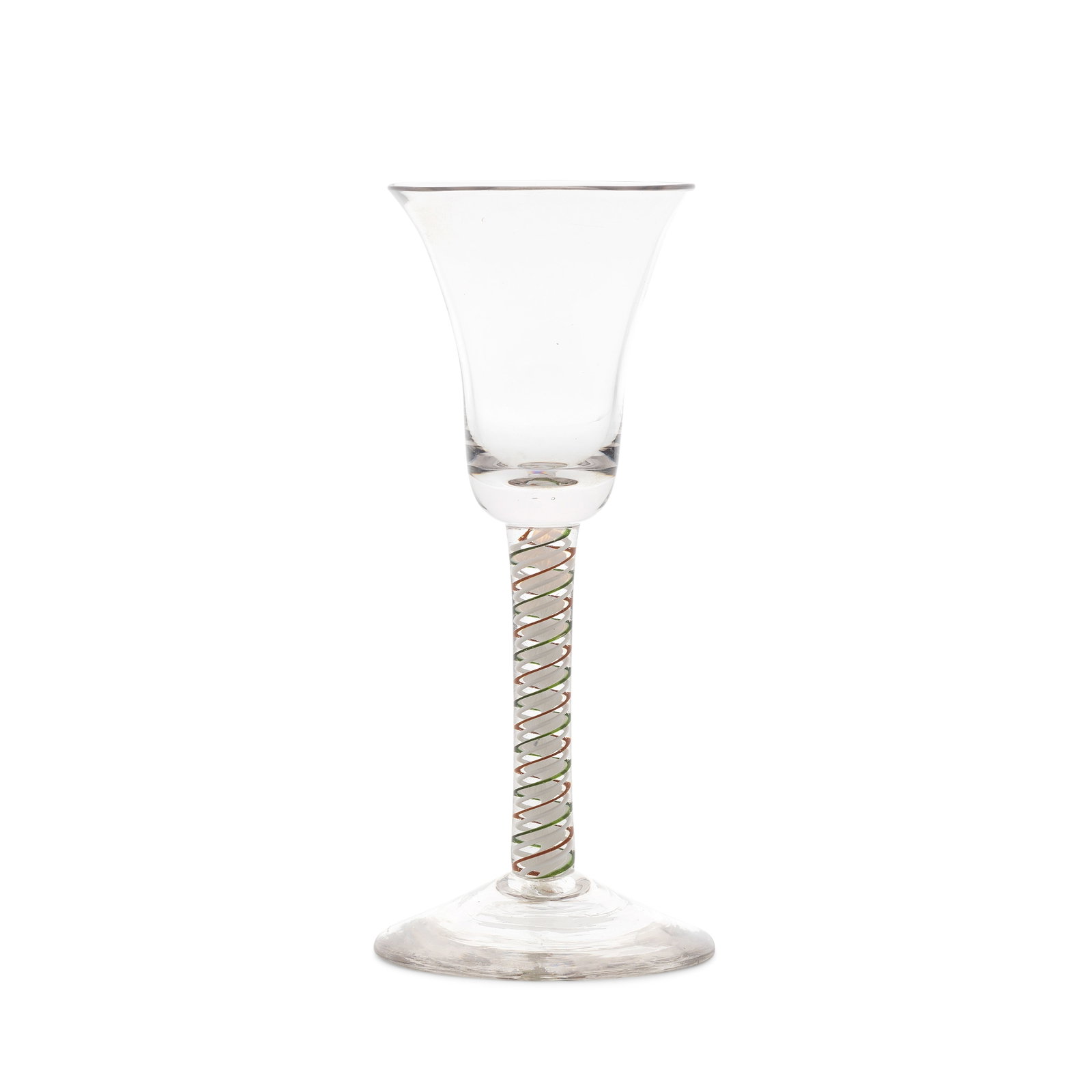 A red and green colour twist wine glass, circa 1765: A red and green colour twist wine glass, circa 1765 The bell bowl with a solid base, on a stem containing a solid multi-ply corkscrew edged in translucent emerald-green on one side and opaque iron-red