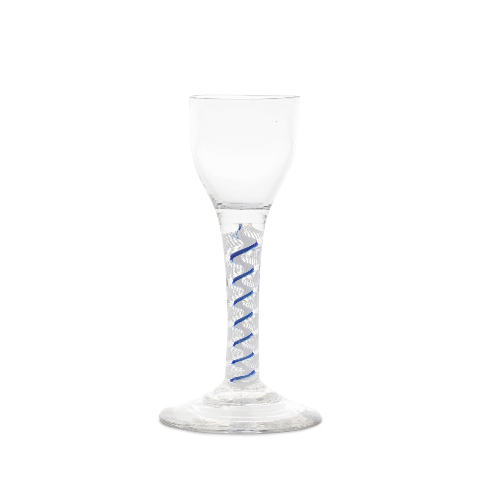 A rare blue colour twist wine glass, circa 1765: A rare blue colour twist wine glass, circa 1765 The almost tulip-shaped ovoid bowl on a stem containing a fourteen-ply spiral band outside an unusual opaque white solid tubular corkscrew edged on one 