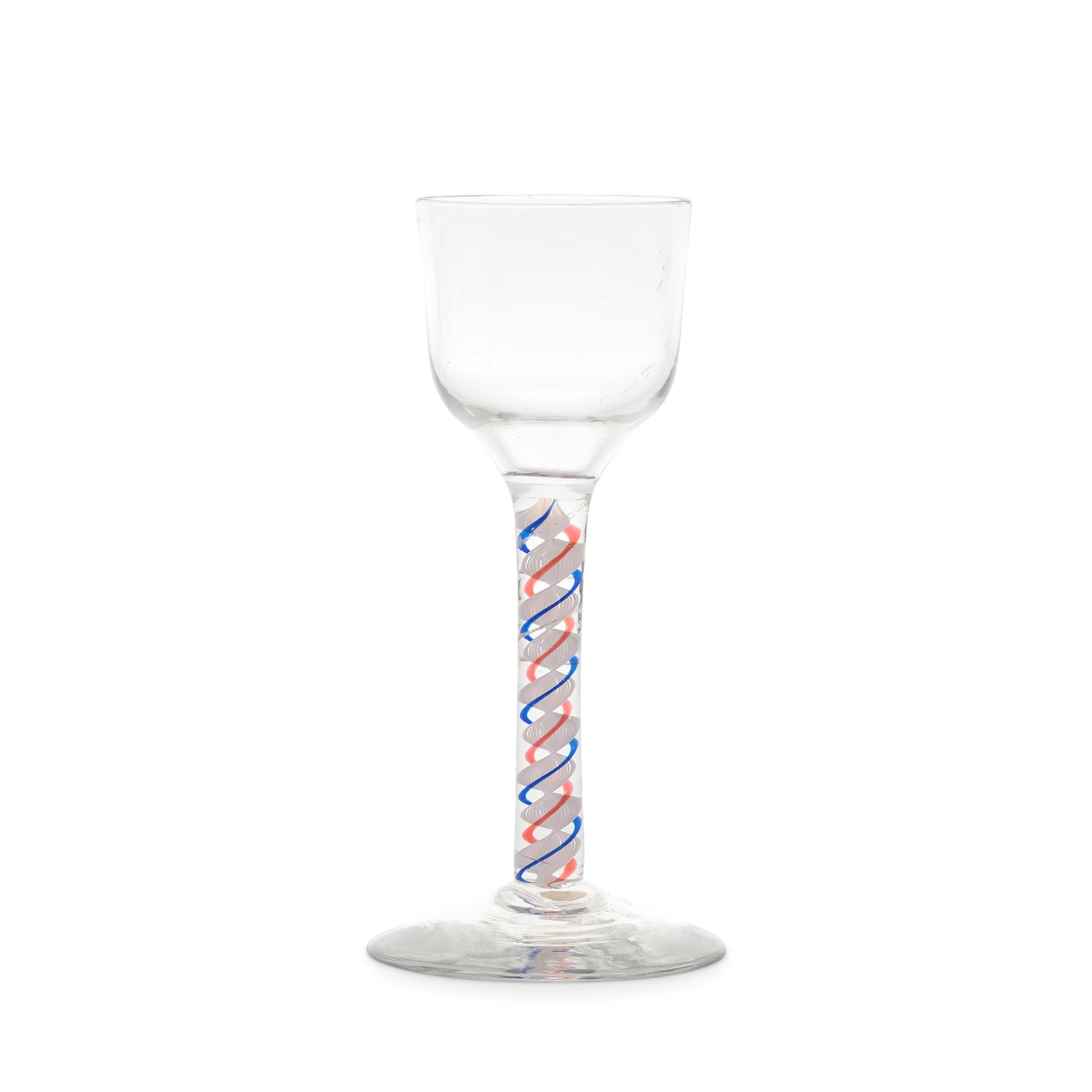 A fine and rare red and blue colour twist wine glass, circa 1765: A fine and rare red and blue colour twist wine glass, circa 1765 The ogee bowl on a stem containing an opaque white multi-ply corkscrew alternating with one translucent ruby-red and one translucent co