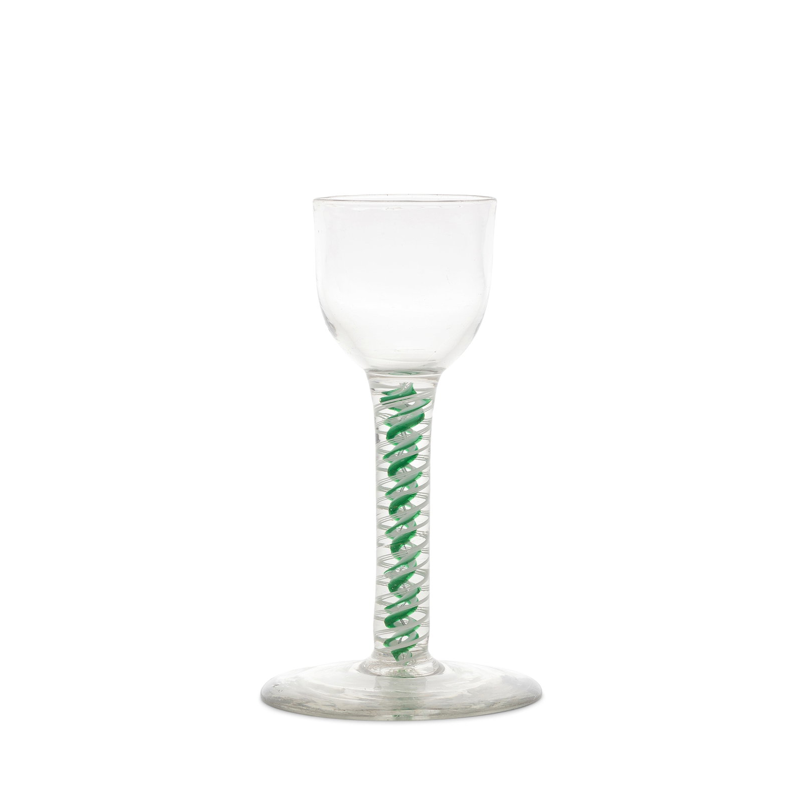 A rare green colour twist wine glass, circa 1765: A rare green colour twist wine glass, circa 1765 The ovoid bowl on a stem containing a pair of three-ply spiral bands outside a pair of heavy opaque white corkscrews edged in translucent emerald-green