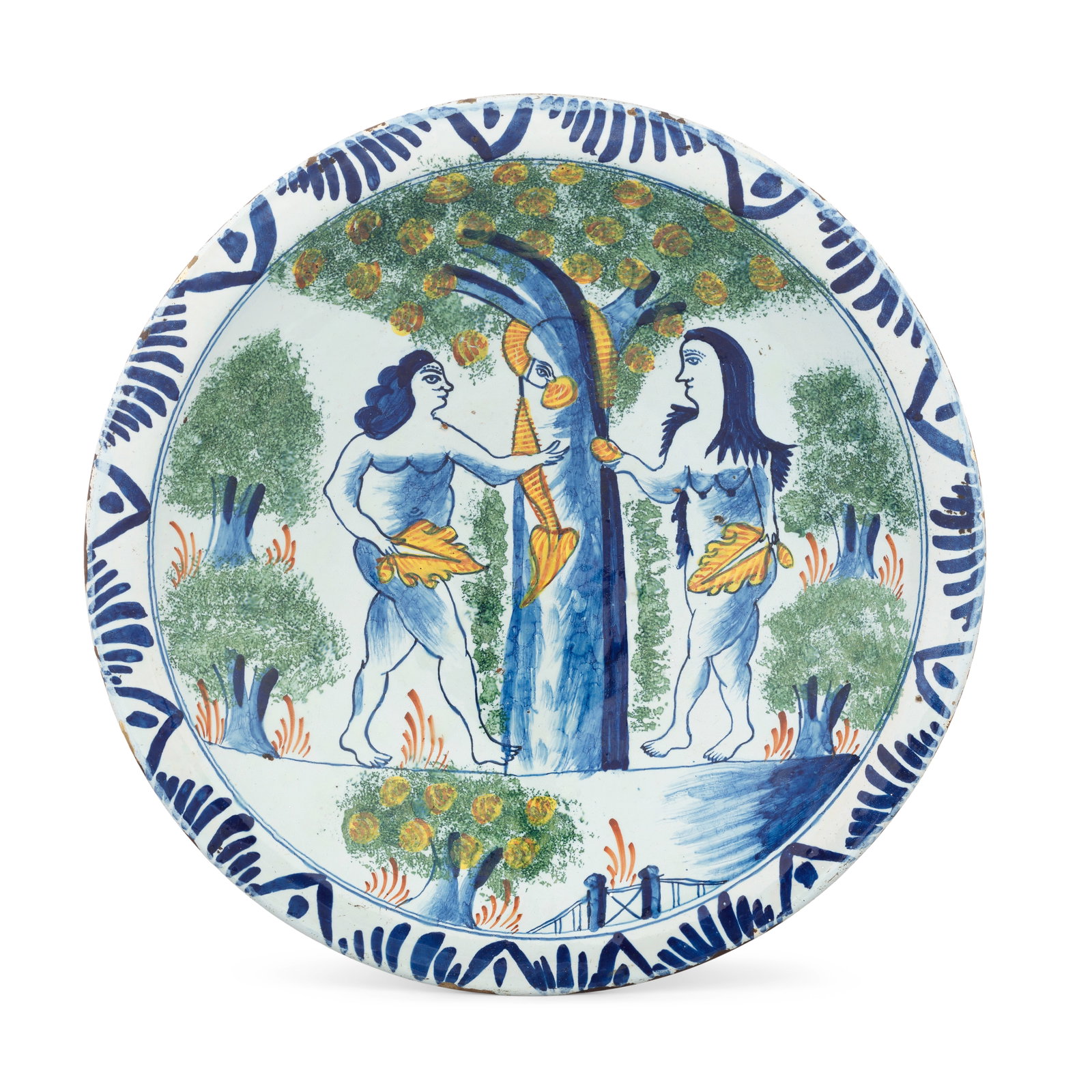 An English delftware Adam and Eve charger, circa 1730-45 (1 of 1)