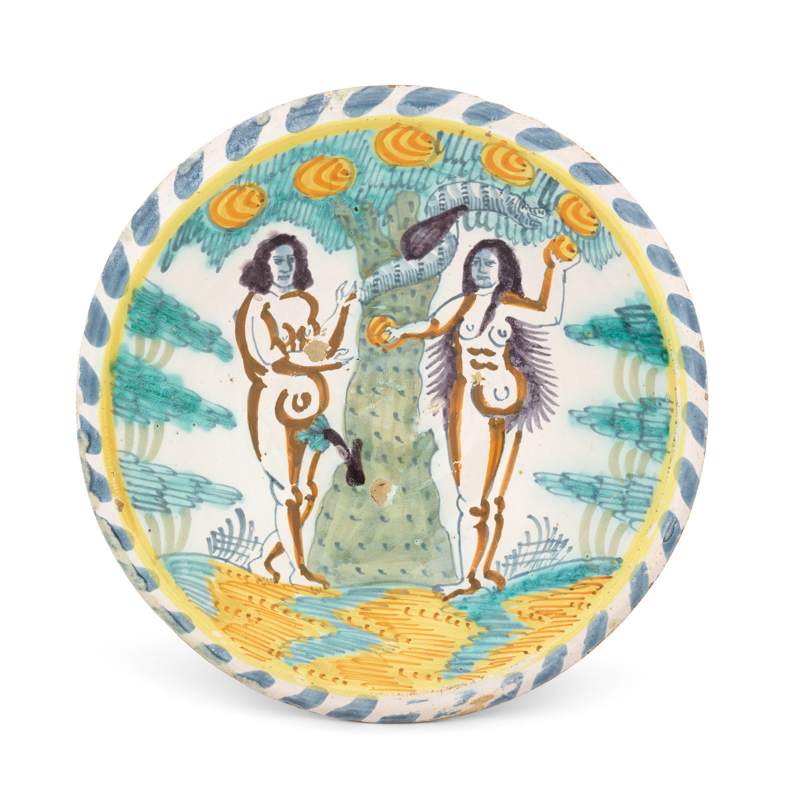 A London delftware Adam and Eve charger, circa 1670-90: A London delftware Adam and Eve charger, circa 1670-90 Boldly painted with 'the Temptation', outlined in blue and coloured in manganese, and shades of ochre and green, the couple flanking the tree, th