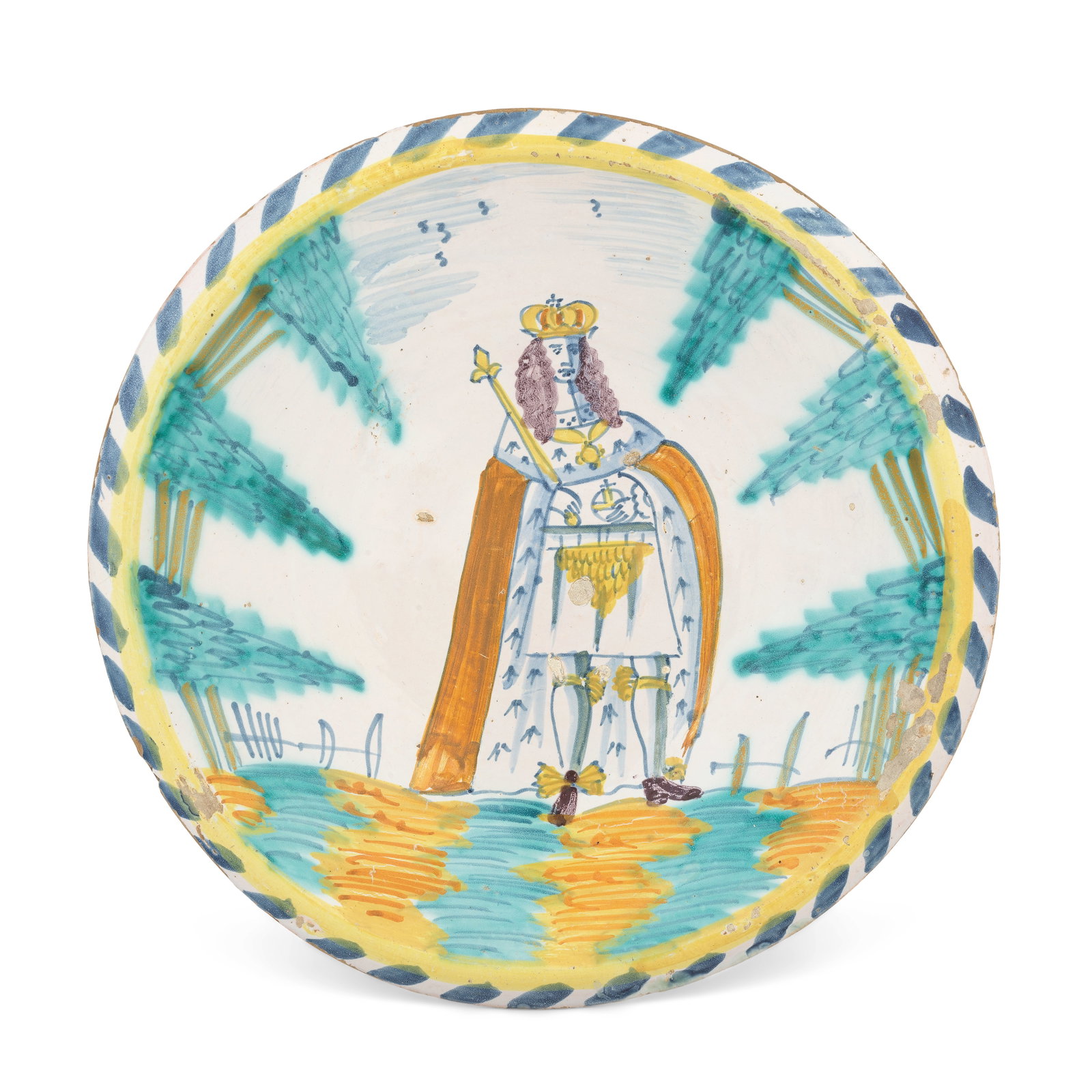 An English delftware royal portrait charger, circa 1690: An English delftware royal portrait charger, circa 1690 Probably London, painted in bright colours with a full-length portrait of the King, most likely William III wearing full regalia and carrying th