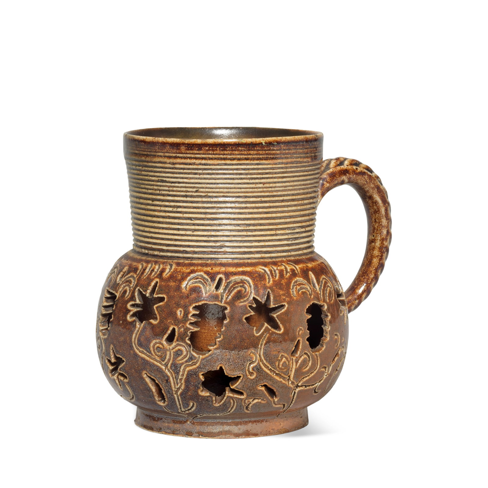 A Nottingham or Crich stoneware carved double-walled mug or gorge, circa 1700: A Nottingham or Crich stoneware carved double-walled mug or gorge, circa 1700 Of small globular shape, thinly potted with a ribbed cylindrical neck, and looped twisted rope handle, the body double-wal