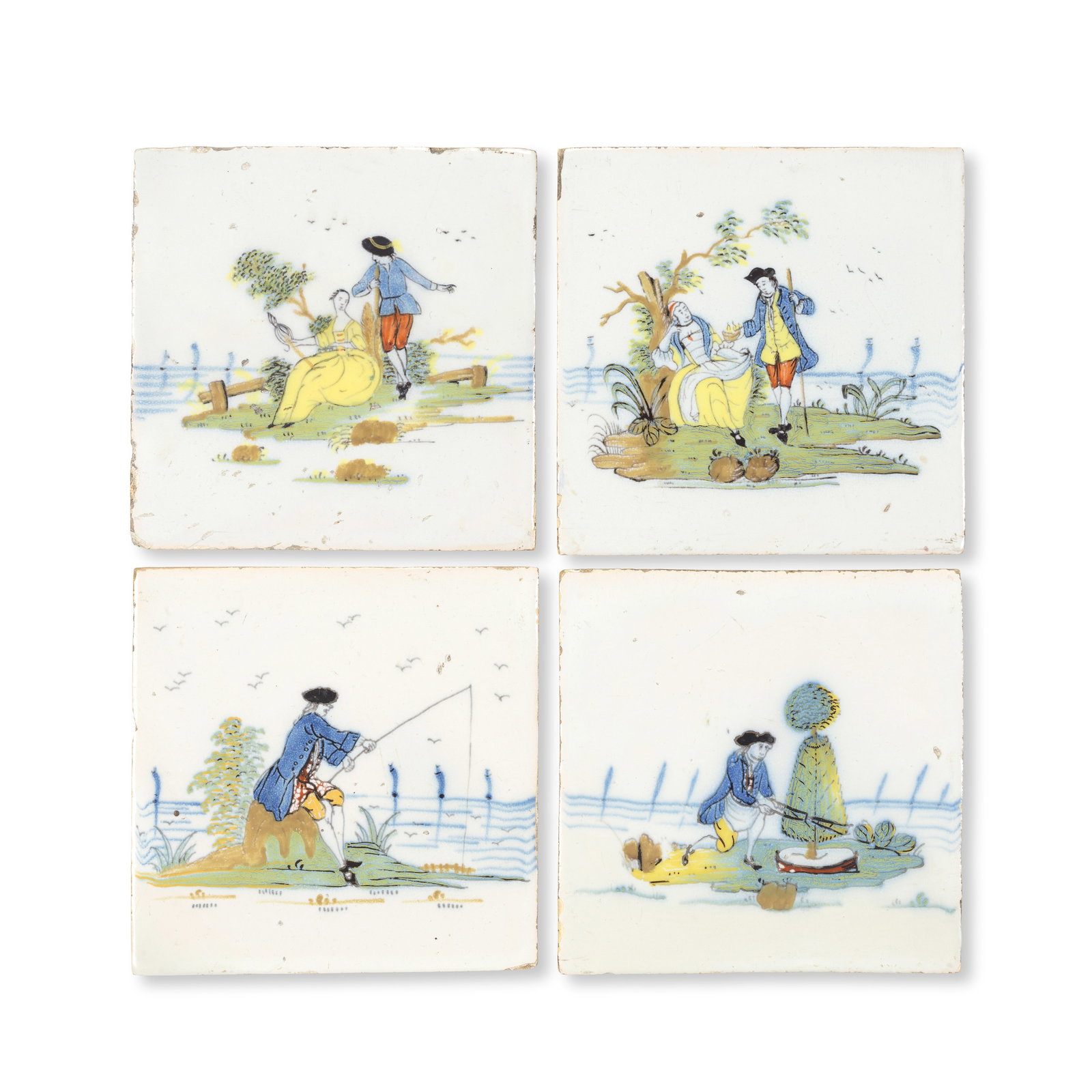 Four Liverpool delftware tiles, circa 1760-75: Four Liverpool delftware tiles, circa 1760-75 Painted in an attractive polychrome palette with figures in various countryside pursuits on small 'islands', including a fisherman, a gardener engaged in 