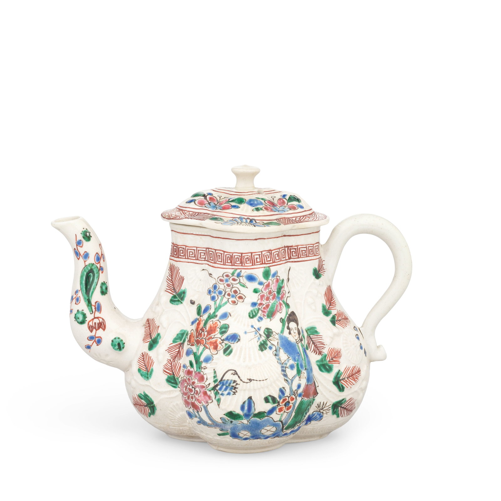 A Staffordshire saltglaze stoneware teapot and cover, circa 1755: A Staffordshire saltglaze stoneware teapot and cover, circa 1755 Of lobed form, moulded in crisp detail with shells and fruiting oak, painted in an attractive polychrome palette with a fine Chinese la