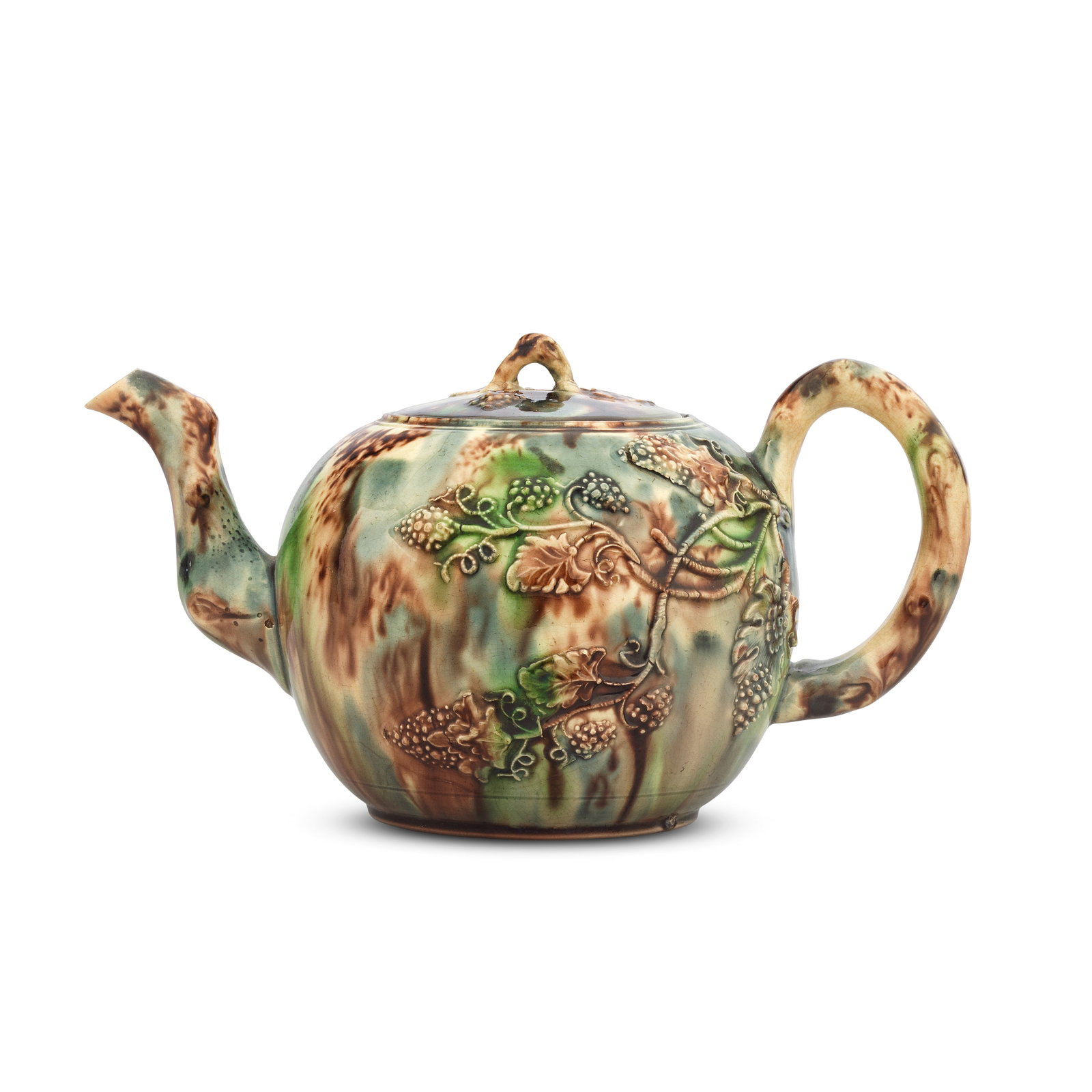 An early Staffordshire Whieldon type teapot and cover, circa 1750-60: An early Staffordshire Whieldon type teapot and cover, circa 1750-60 Of globular shape with a crabstock spout and handle, sprigged in relief with fruiting vine branches extending from the sides of the