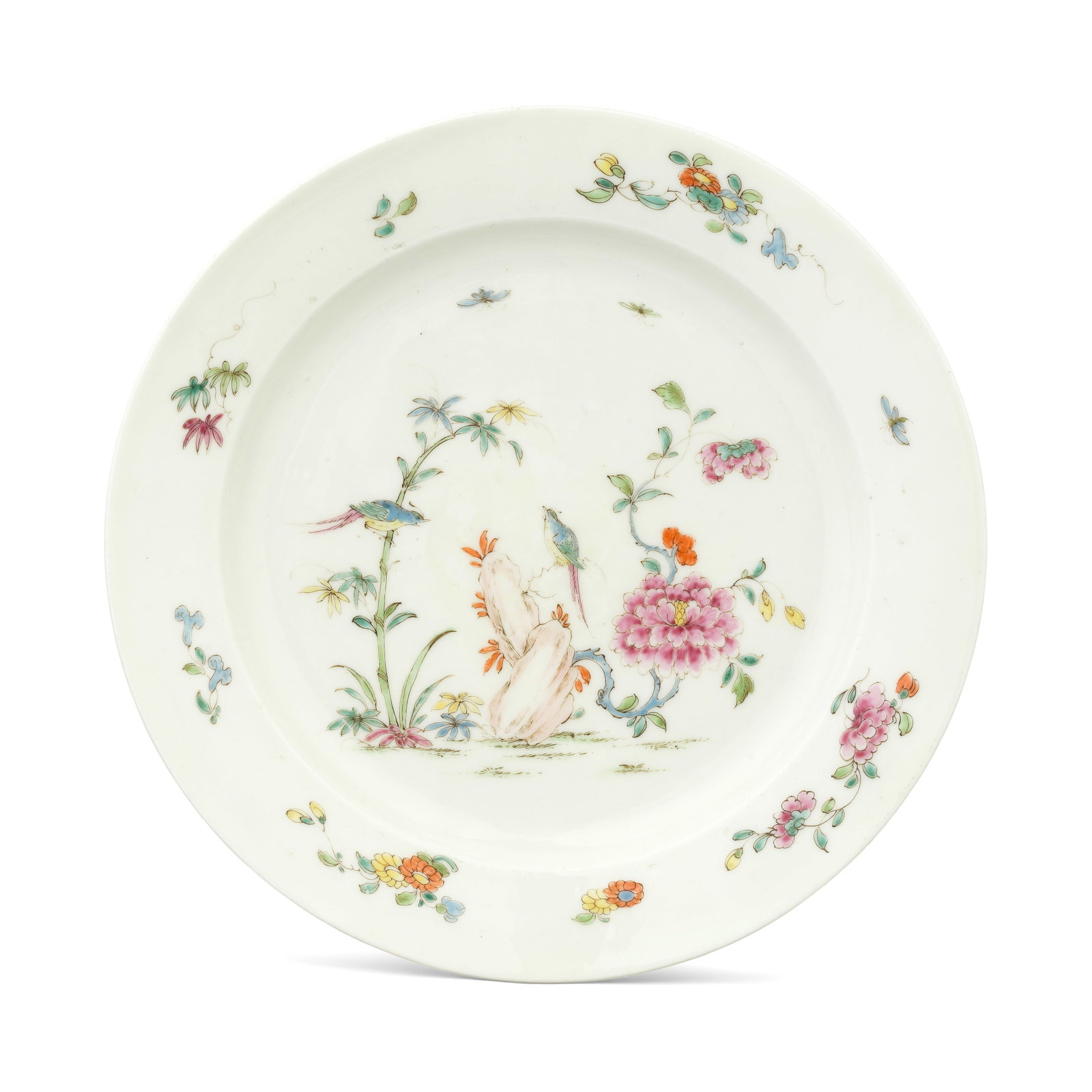 The Worcester 'Tynedale' plate, circa 1752-53: The Worcester 'Tynedale' plate, circa 1752-53 Of plain circular form with a broad flat rim, beautifully painted in famille rose style with a bird on a bamboo stalk, peering at another perched on an im