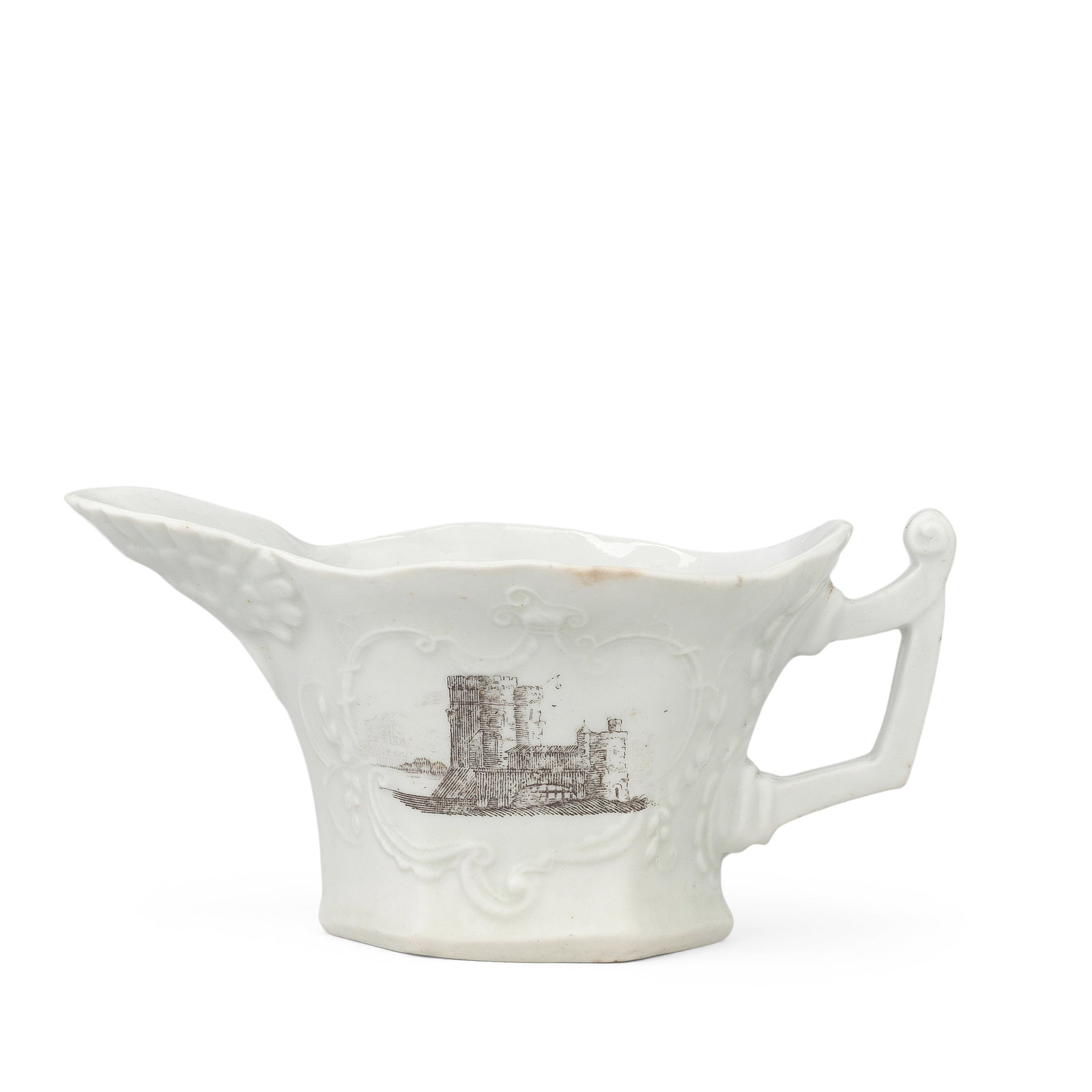 A rare early Worcester creamboat, circa 1754: A rare early Worcester creamboat, circa 1754 Of crisply moulded hexagonal form with rococo moulded panels and geranium leaves below the spout, printed in black in 'Smokey Primitive' style with a castl