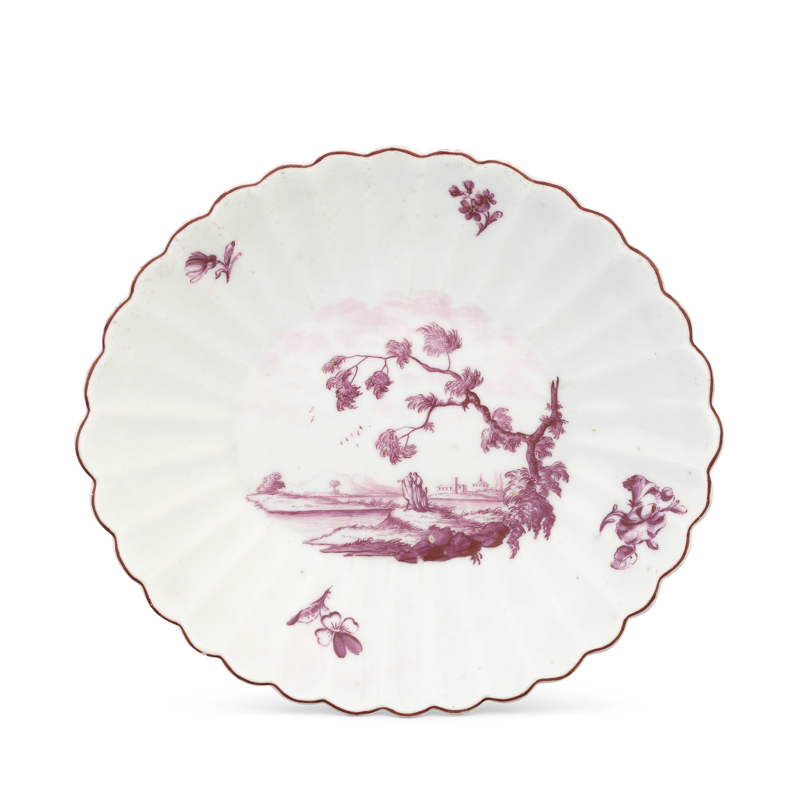 A good Chelsea small oval dish, circa 1753-54: A good Chelsea small oval dish, circa 1753-54 Of fluted form, painted in puce monochrome by Jefferyes Hamett O'Neale, with three figures conversing on a promontory, a group of buildings in the