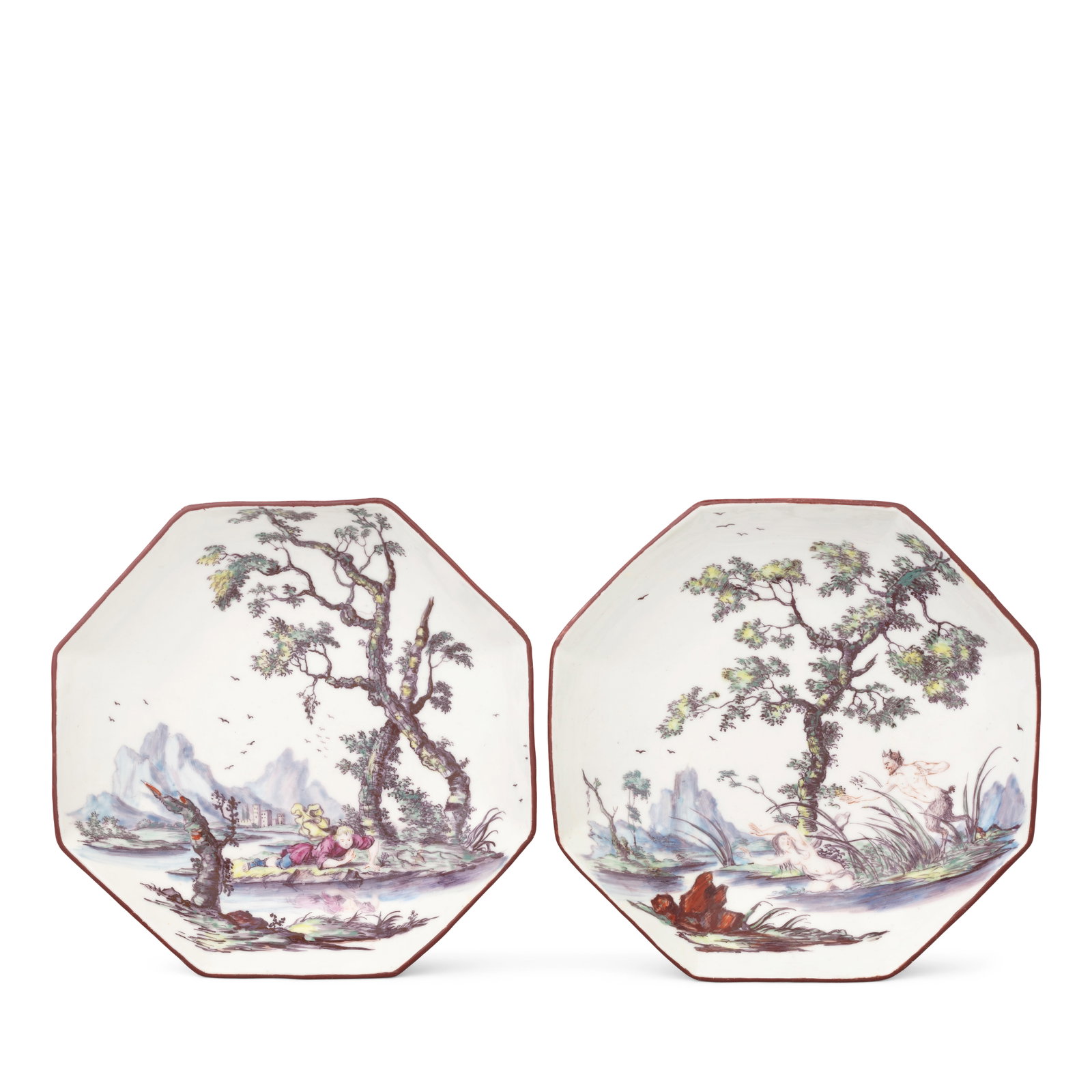 A pair of exceptionally rare Chelsea saucers, circa 1752-53: A pair of exceptionally rare Chelsea saucers, circa 1752-53 Of large size and octagonal form, painted with mythological scenes, probably by Jefferyes Hamett O'Neale, one with Narcissus gazing at his